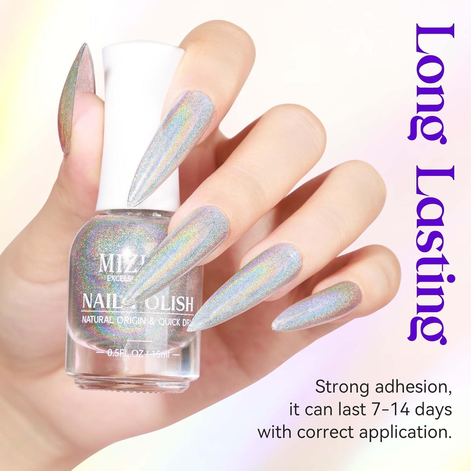 MIZHSE Holographic Nail Polish, Silver Glitter Nail Polish Air Dry Fast, 15 Ml 0.5 Fl Oz High Glossy Shiny Nail Pigment Oil-Based Laser Iridescent Nail Polish Chrome Halo Nail Art Salon Manicure Home image number 4