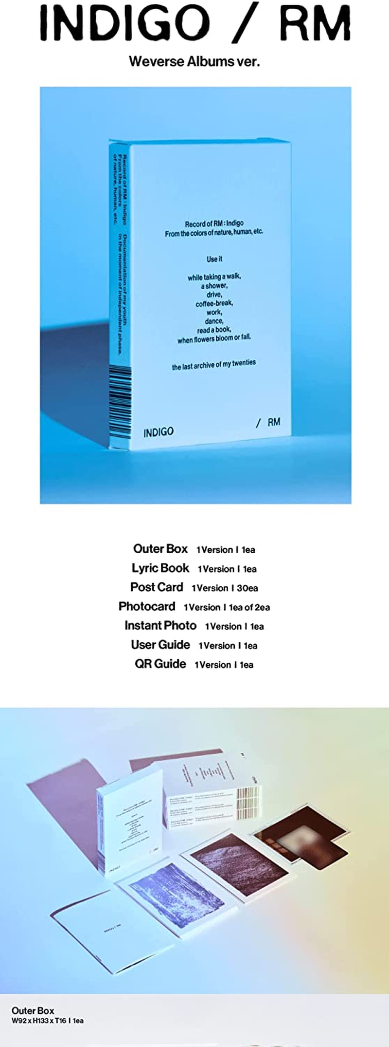 BTS RM Indigo 1St Solo Album 2 Edition SET Out Box+32P Lyrics Book+30P Postcard+1P Photocard+1P Instant Photo+1P User Guide+1P QR Guide+Tracking Sealed image number 5
