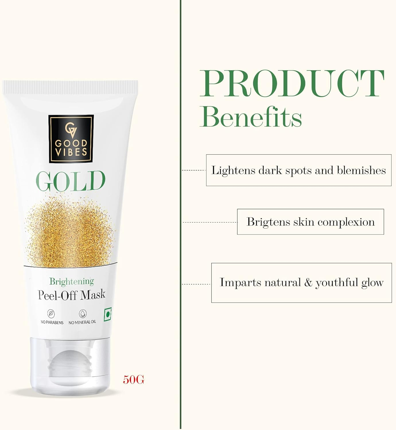 Good Vibes Gold Brightening Peel off Mask, 50 G Deep Pore Cleansing Peel-Off Face Mask for All Skin Types, Anti-Bacterial & Helps Remove Acne, No Parabens, Sulphates & Mineral Oils image number 4