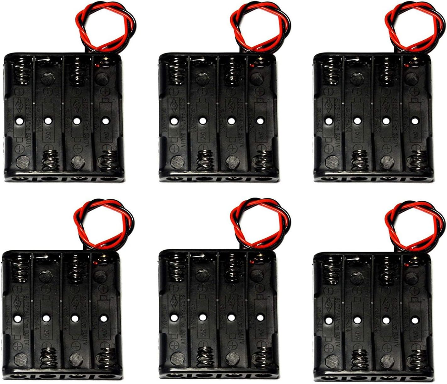 6 Pcs 4 X 1.5V (6V) AA Battery Spring Clip Black Plastic 4 X 1.5V (6V) Battery Case Holder Box Black Red Wire Leads image number 4