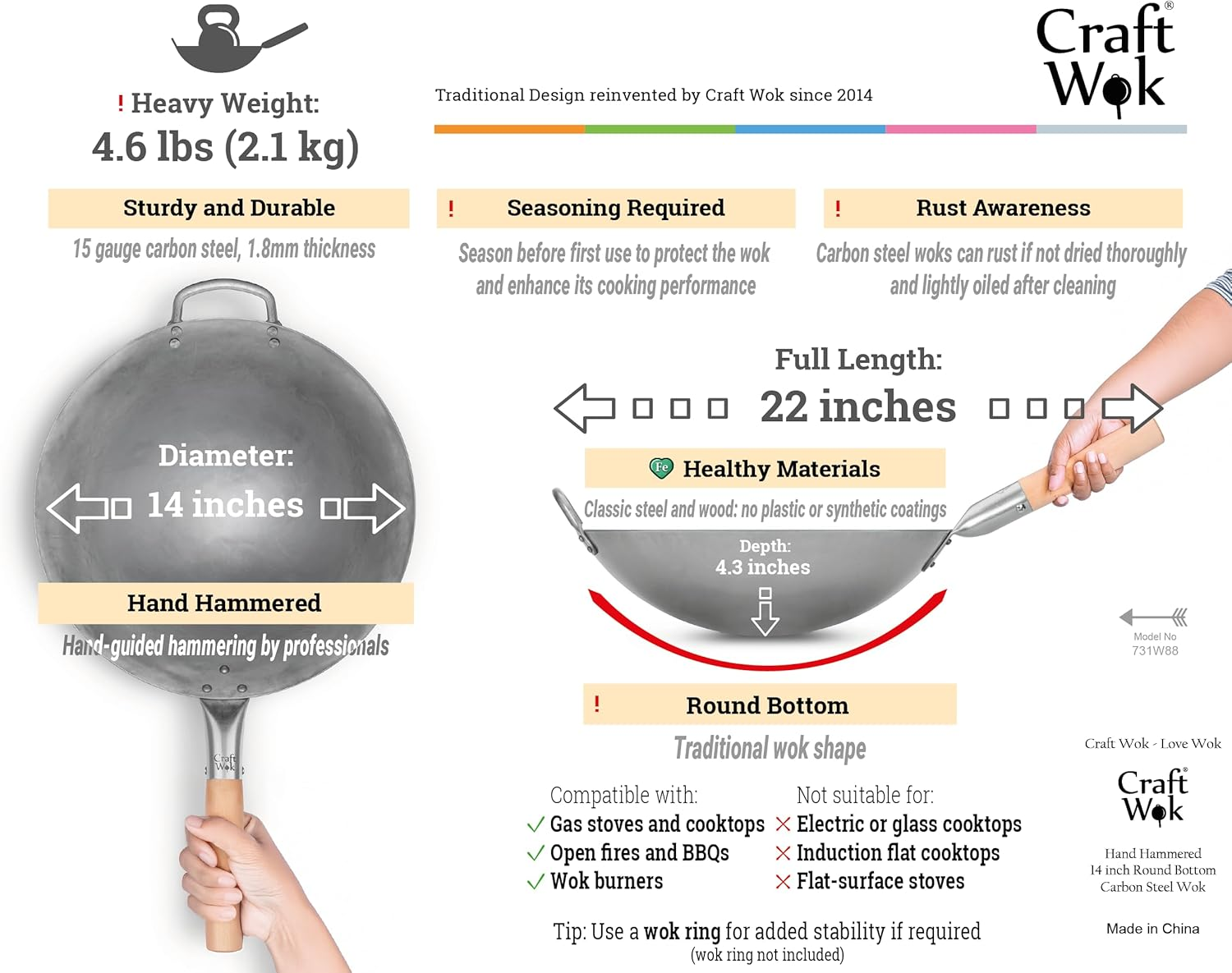 Traditional Hand Hammered Carbon Steel Pow Wok with Wooden and Steel Helper Handle (14 Inch round Bottom)/731W88 by Craft Wok