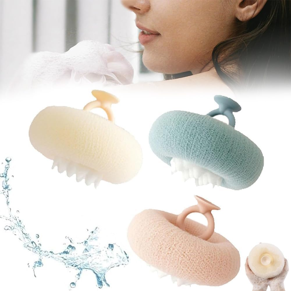 Upgrade 2-In-1 Sunflower Bath Ball, Super Soft Sunflower Suction Cup Bath Ball, 2-In-1 Exfoliating Bath Sponge Cleaning Brush with Suction Cup, Shower Sponges for Women Men (Beige+Blue)