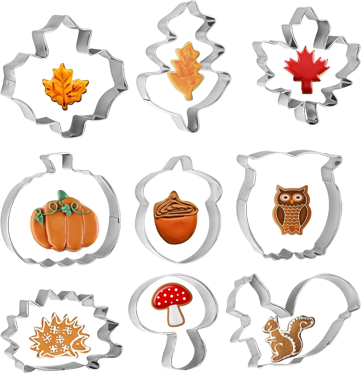 9Pcs Autumn Cookie Cutters, Thanksgiving Stainless Steel Cookie Cutter with Pumpkin Squirrel Hedgehog Mushroom Maple Leaf Pine Cone for Baking Fondant image number 3