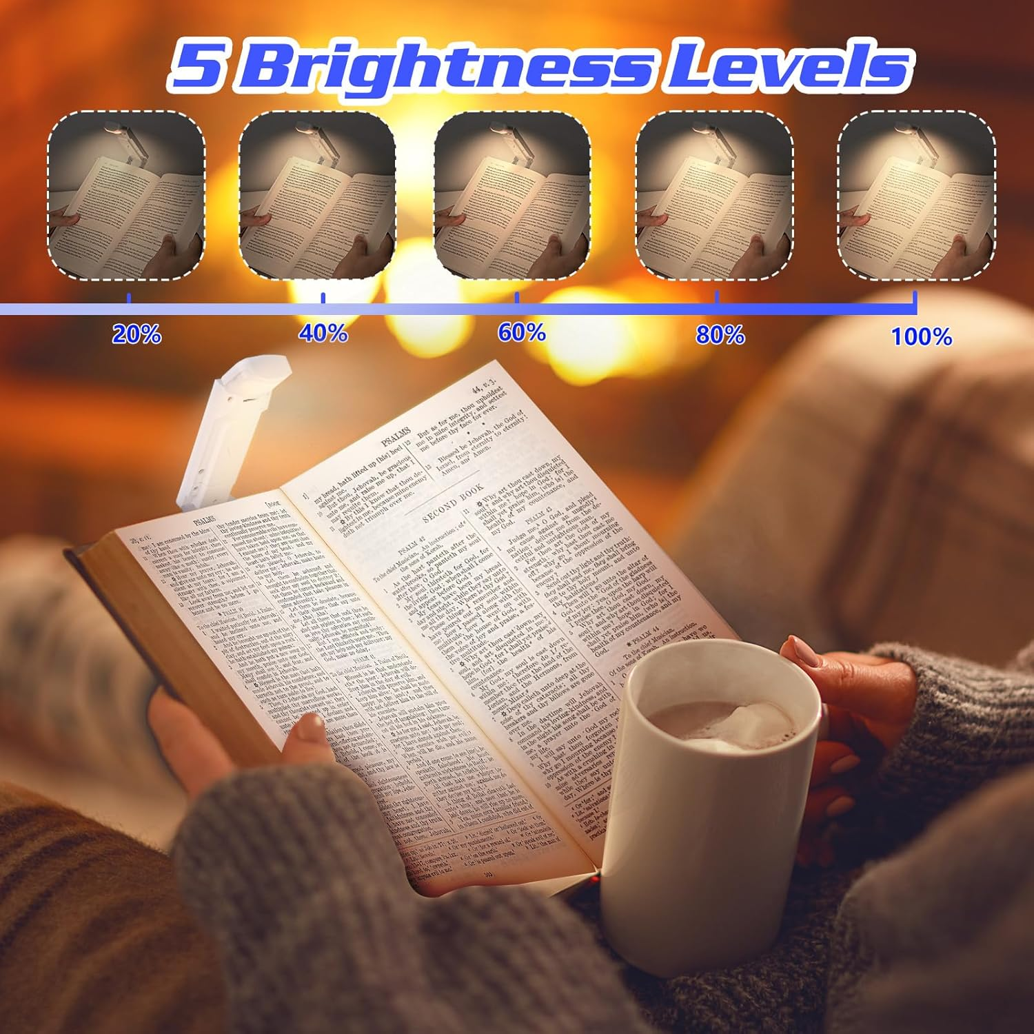 Aiqinu Reading Clip Lamp, White, LED Book Clamp Light, 3 Colour Temperatures, 5 Brightness Levels, USB Rechargeable, Plastic Material image number 3