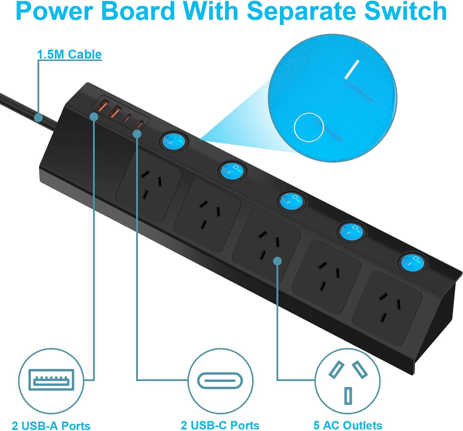 HITRENDS Power Strip with 5 AC Outlets, 1.5M Cable 2 USB a and 2 USB C Surge Protector Power Board with Switch, Ideal for Home and Office Use, Black image number 2