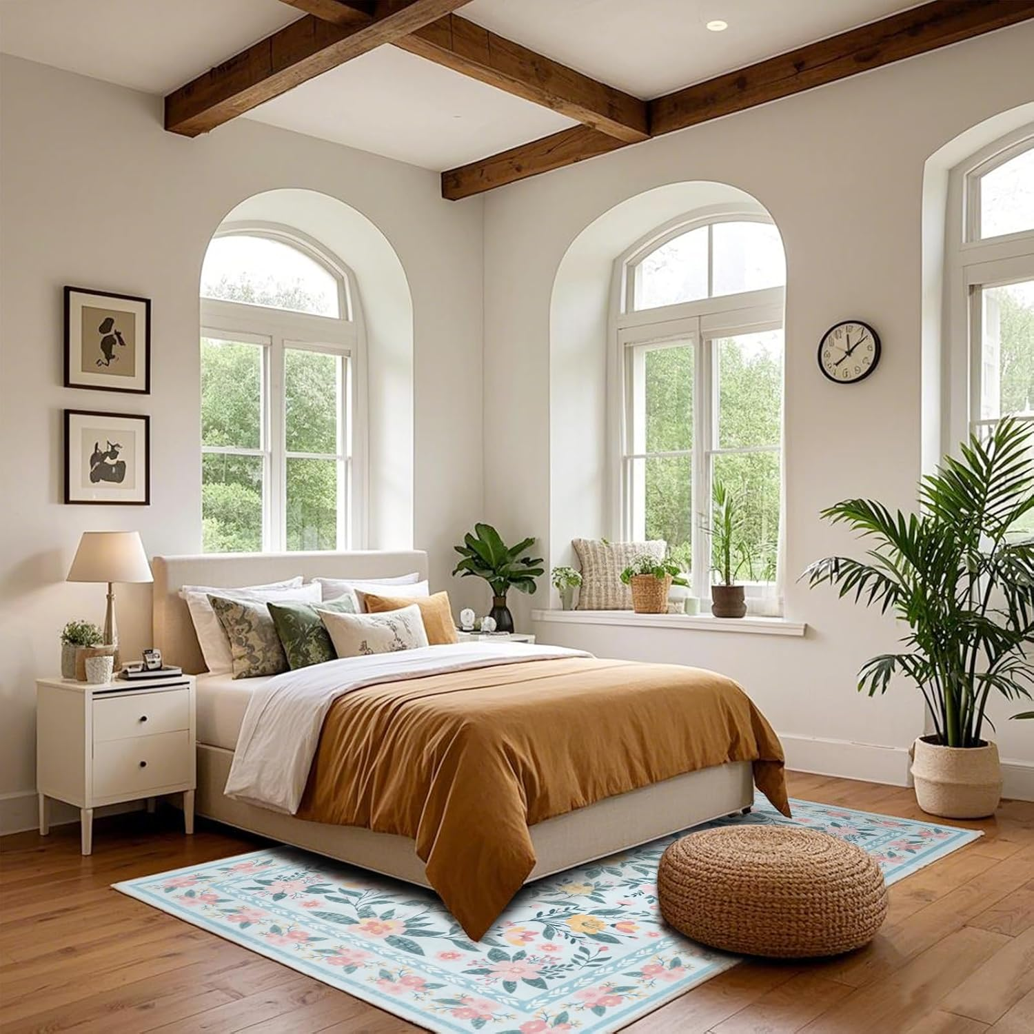 MOSISO 4X6 Area Rug for Living Room, Soft Non Slip Vintage Flowers Low Pile Carpet, Faux Wool Rectangular Washable Area Rugs Carpet for Living Room Bedroom Dining Room Home, Blue image number 1