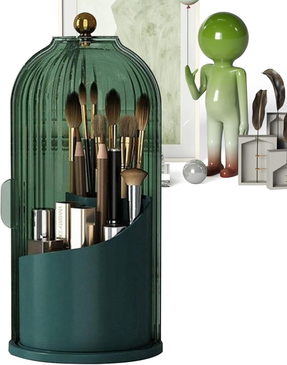 Bird Cage Cosmetic Tools Storage Organizer with Lid,Rotating Makeup Brush Organizer,360&deg; Makeup Brush Organizer, for Vanity, Desktop, Bathroom - Black image number 6