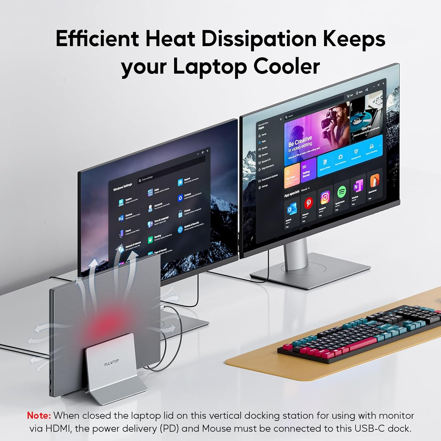 PULWTOP Laptop Docking Station Dual Monitor, 11 in 1 Vertical USB C Dock Stand with 2 HDMI 4K 60Hz, 3 USB A/C 10Gbps, 2 USBA 5Gbps, USB-A 2.0, Ethernet, PD Docking Station for Type-C Laptops (Grey) - Black image number 4