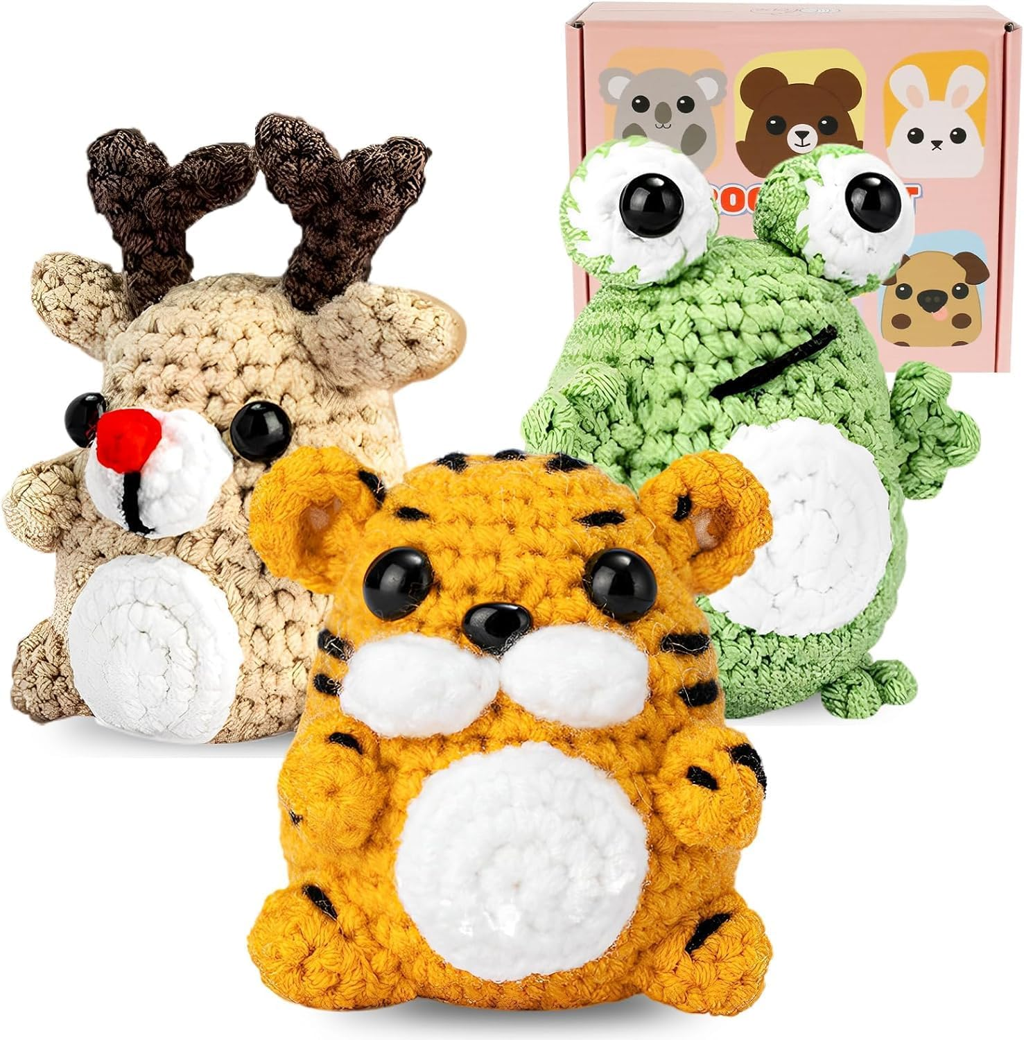 8Pcs Crochet Kit for Beginners,Beginner Crochet Starter Kit with Step-By-Step Video Tutorials,Ergonomic Adorable DIY Animal Crochet Craft Kit with Yarn Stuffing and Keychain,Crochet Starter Pack for Adults (3Pcs)