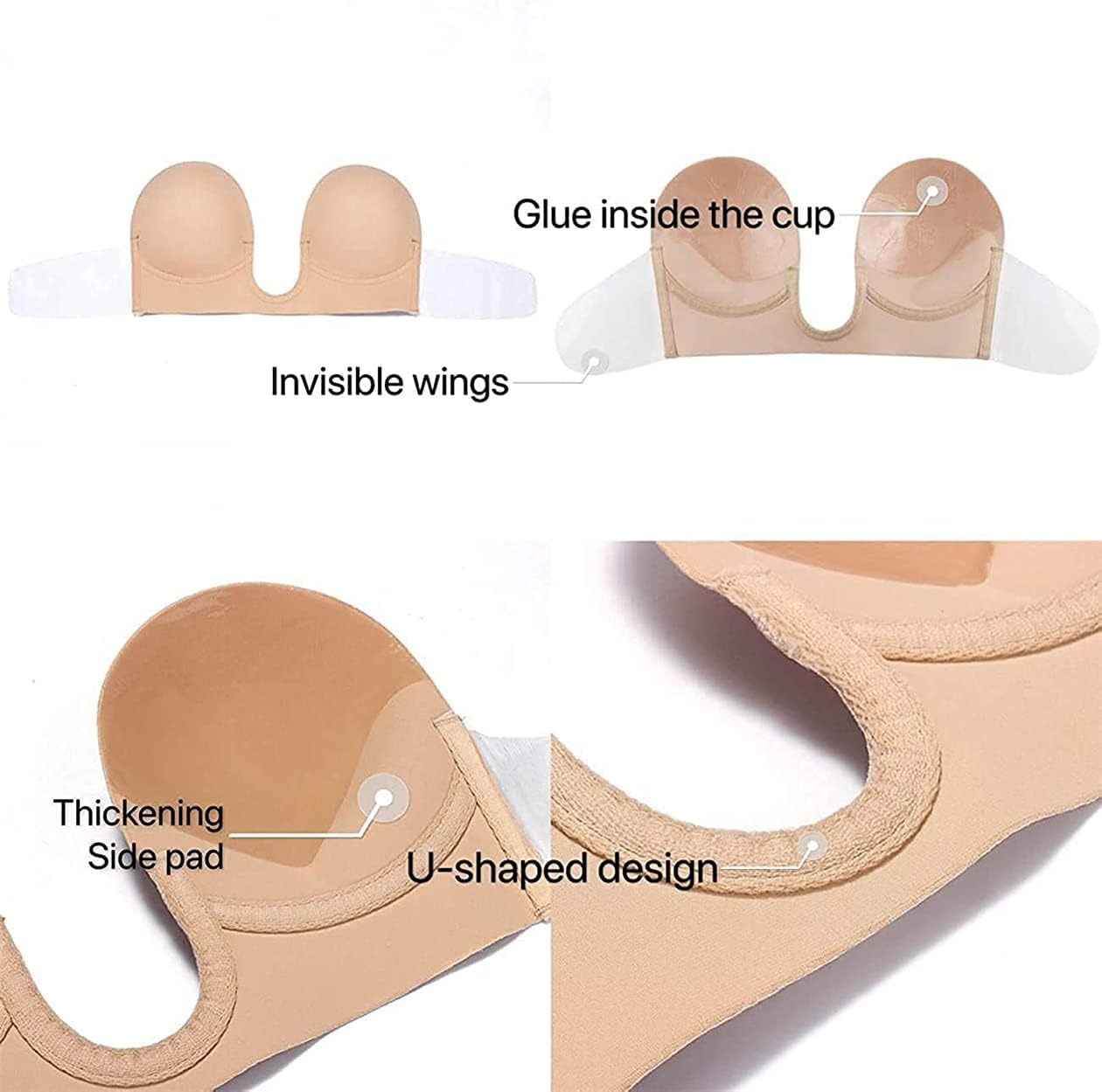 Bontierie Women'S Push up Plunge Adhesive Bra Reusable Deep U-Shaped Sticky Bra Strapless Backless Breast Lifting Bra
