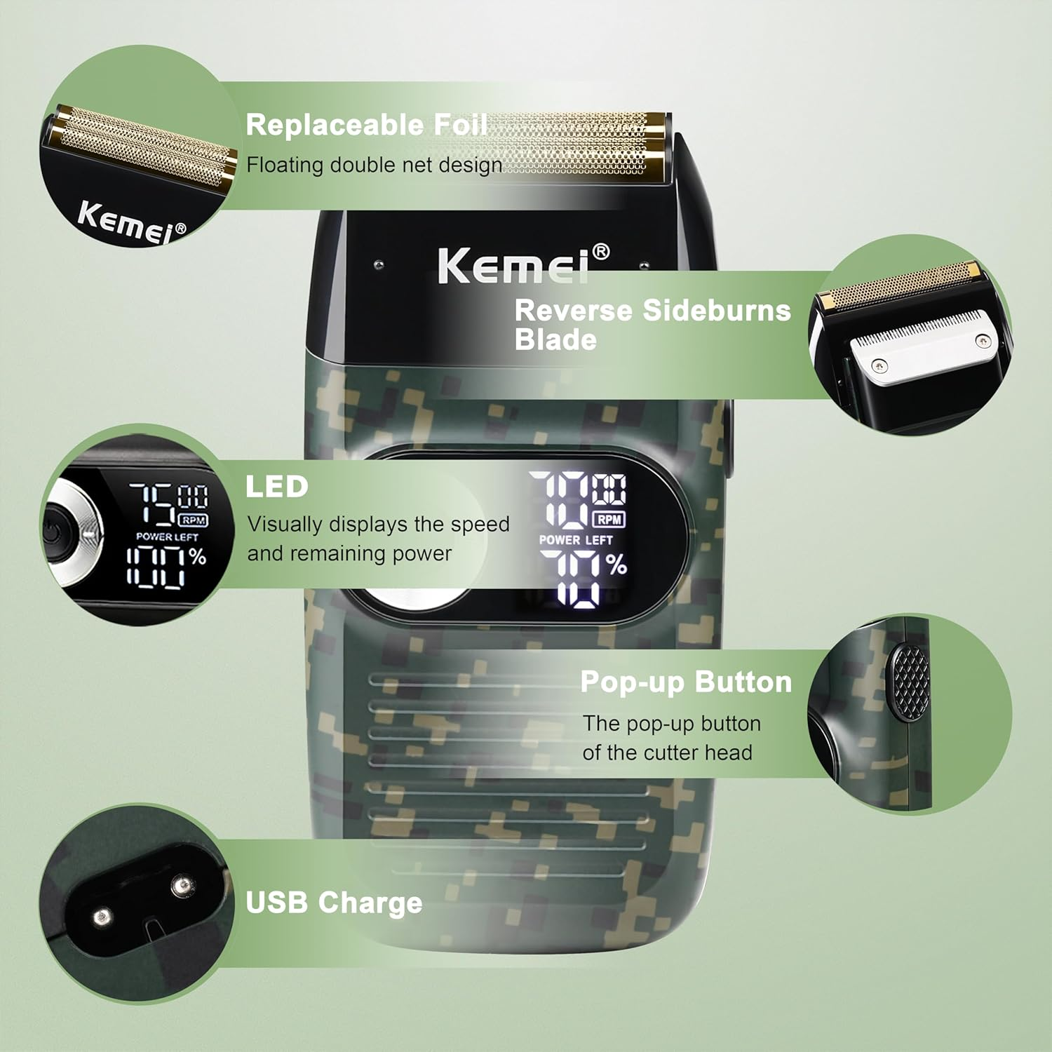 Kemei Cordless Metal Double Electric Shaver Razor for Men Close Electric Shavers, Type-C Rechargeable for Wet/Dry Shaving image number 6