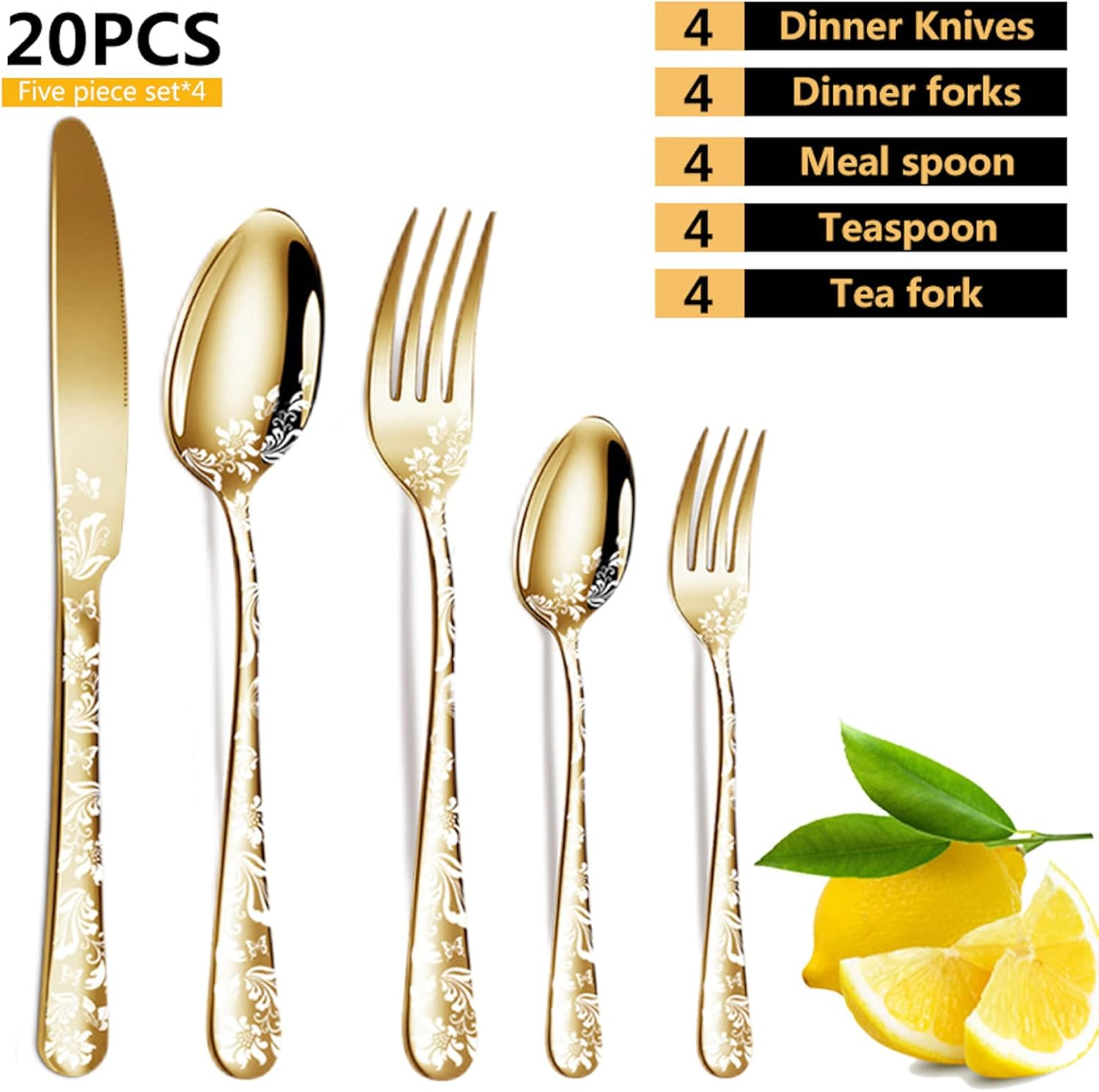 Vilihkc 20 Piece Unique Pattern Design Silverware Set, Stainless Steel Flatware Set Service for 4, Gold Cutlery Set, Mirror Polished Utensil Set for Kitchen, Dishwasher Safe