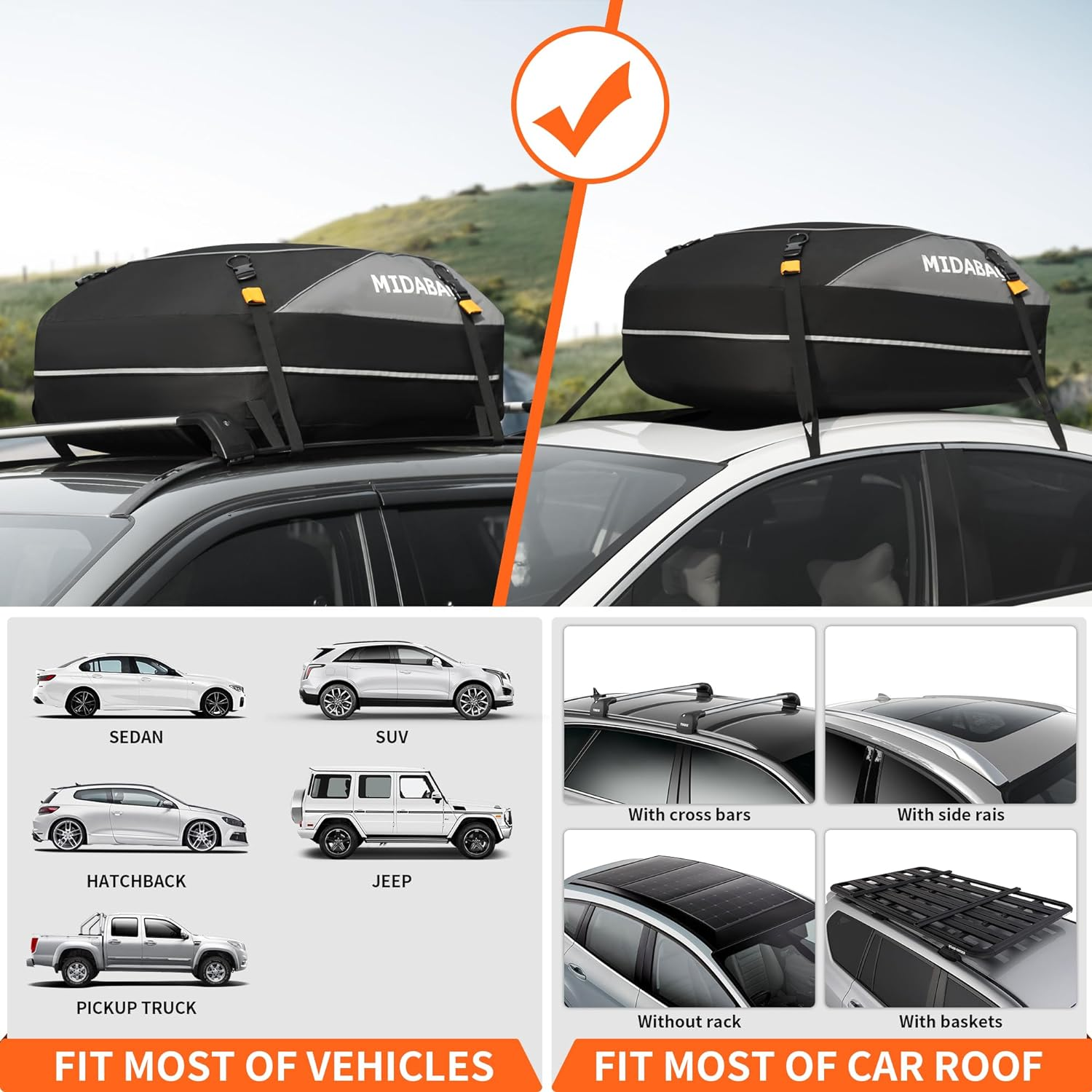 MIDABAO Waterproof Duty Car Roof Top Carrier-Car Cargo Roof Bag Car Roof Top Carrier - Waterproof & Coated Zippers- Includes Anti-Slip Mat- for Cars with or without Racks (12 Cubic Feet)