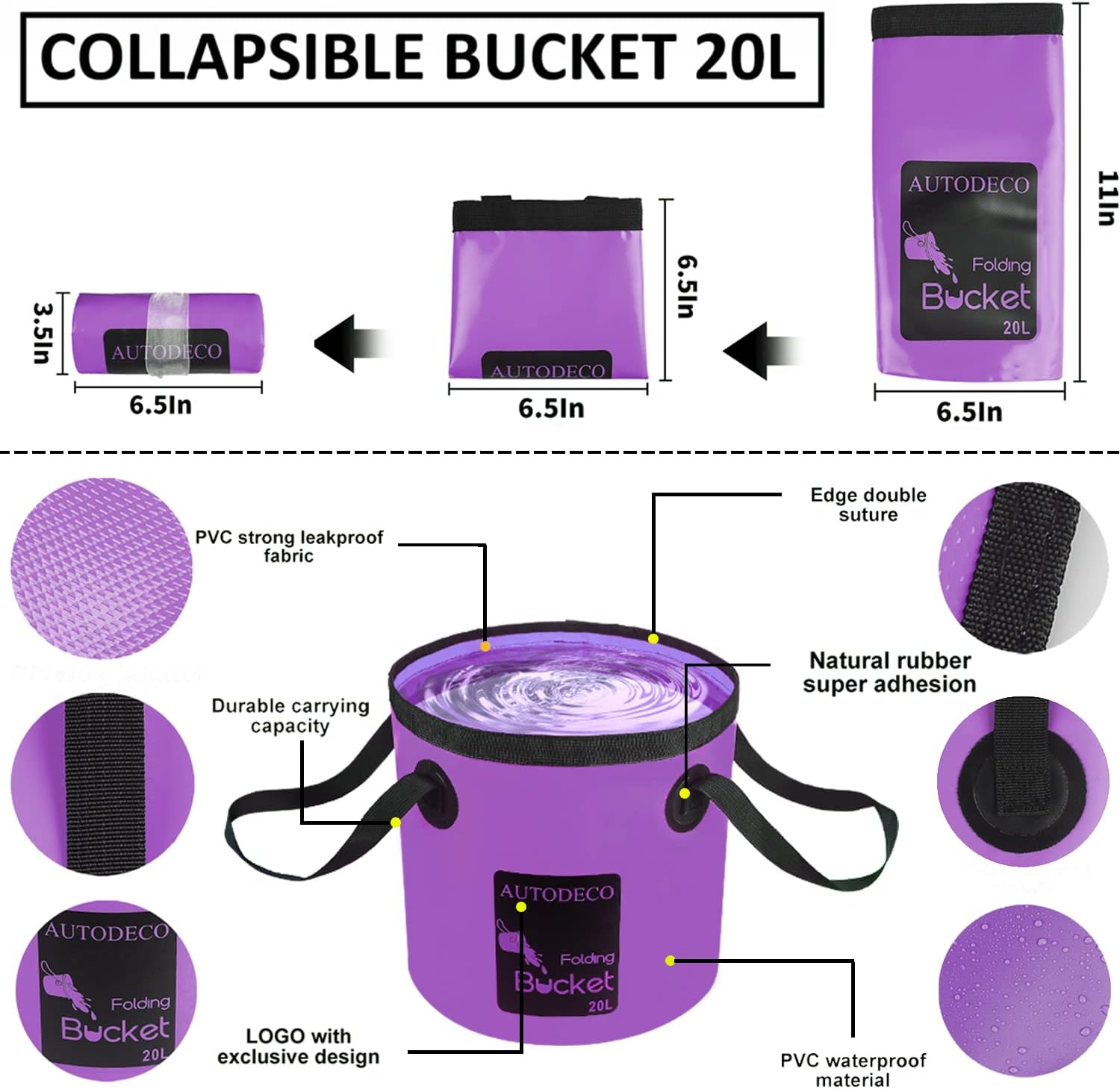 AUTODECO 22Pcs Car Wash Cleaning Tools Kit Car Detailing Set with Canvas Bag Purple Collapsible Bucket Wash Mitt Sponge Towels Tire Brush Window Scraper Duster Complete Interior Car Care Kit image number 5