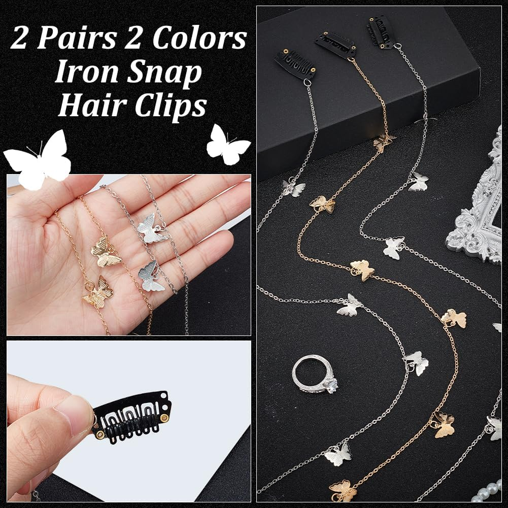 HOBBIESAY 2 Pairs 2 Colours Alloy Butterfly Braided Hair Chain Gold and Silver Butterfly Long Hair Links Long Tassel Weave Headbands Glitter Hair Extensions image number 5
