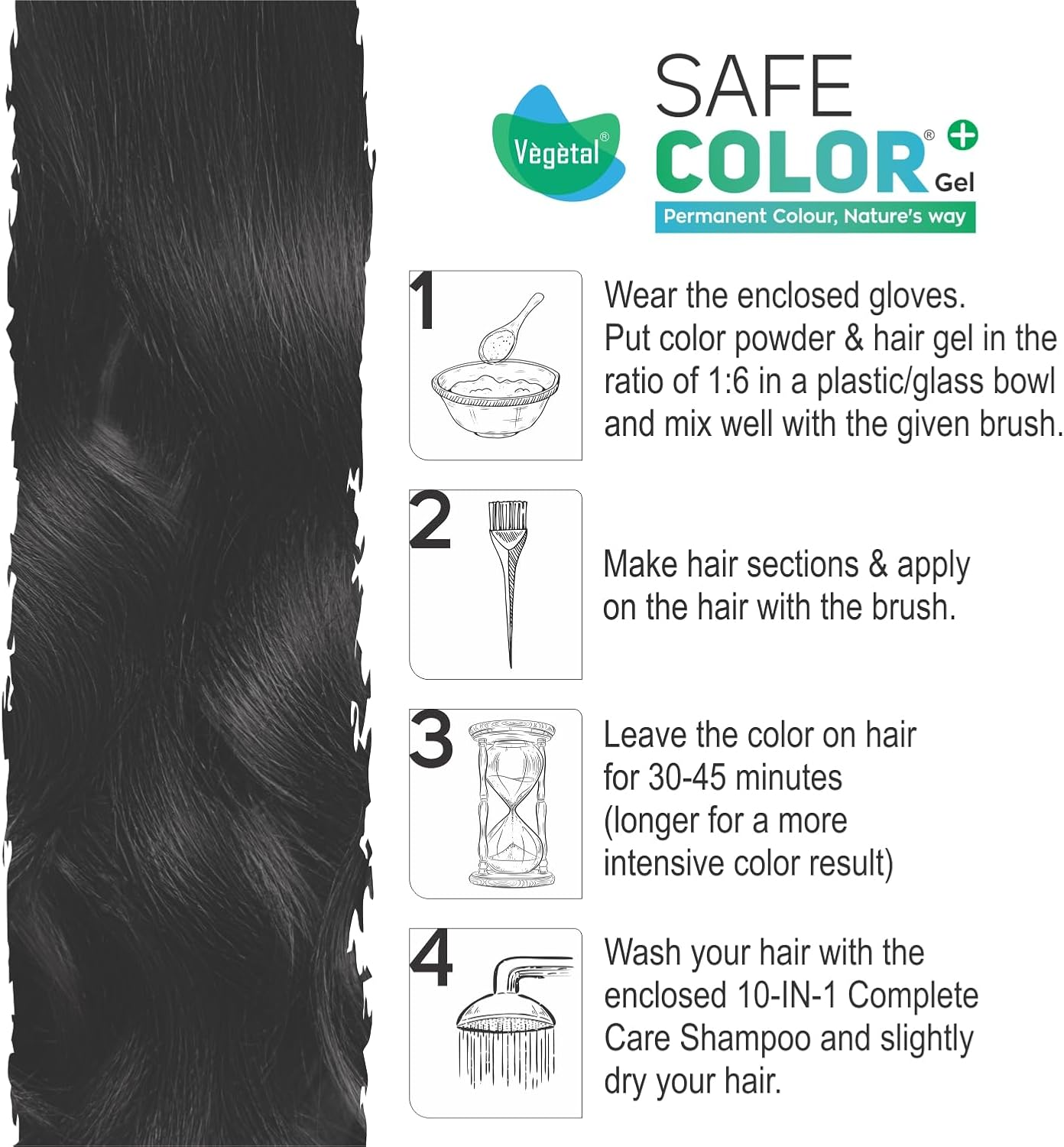 Vegetal Safe Color+ Organic Permanent Gel Hair Color -Soft Black, 190 Ml | No Ammonia, No PPD, No Parabens, No Hydrogen Peroxide Herbal Permanent Hair Dye with 30 Days Lock Formula image number 5