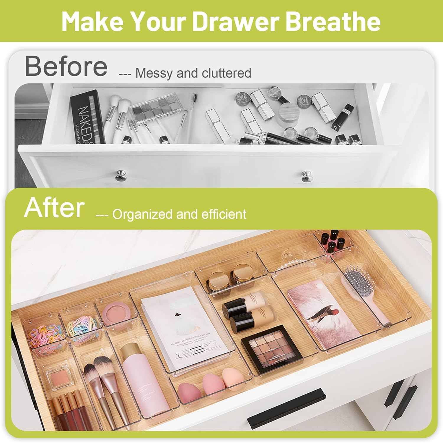 72 Pcs Drawer Organisers Set, 4 Sizes Clear Plastic Drawer Organizer and Vanity Organiser Trays, Desk Drawer Organizer Trays for Makeup, Jewelries, Bathroom, Kitchen Utensils and Office image number 4