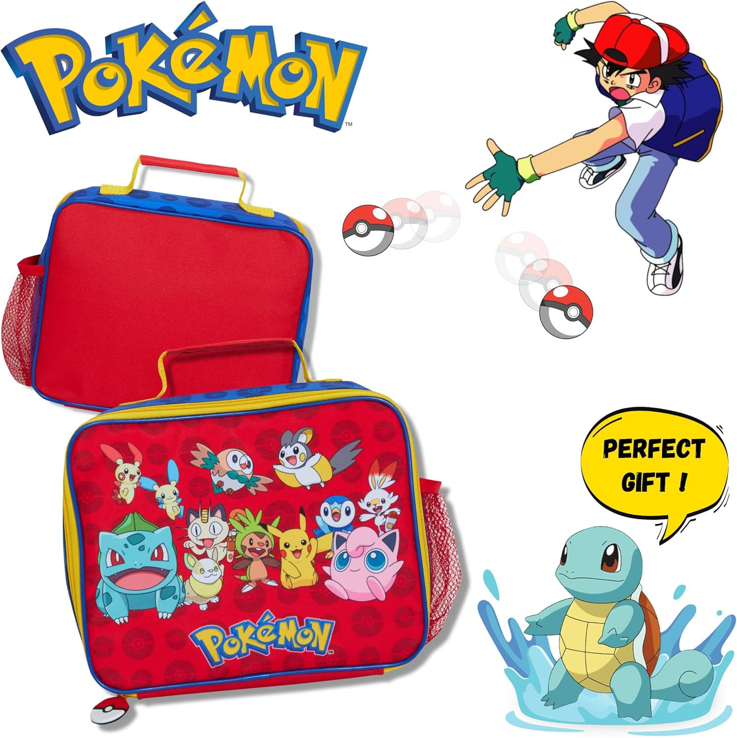 Pokemon Lunch Bag for Kids Pikachu School Insulated Luchbox with Bottle Holder, Red, One Size, Book Bag image number 3