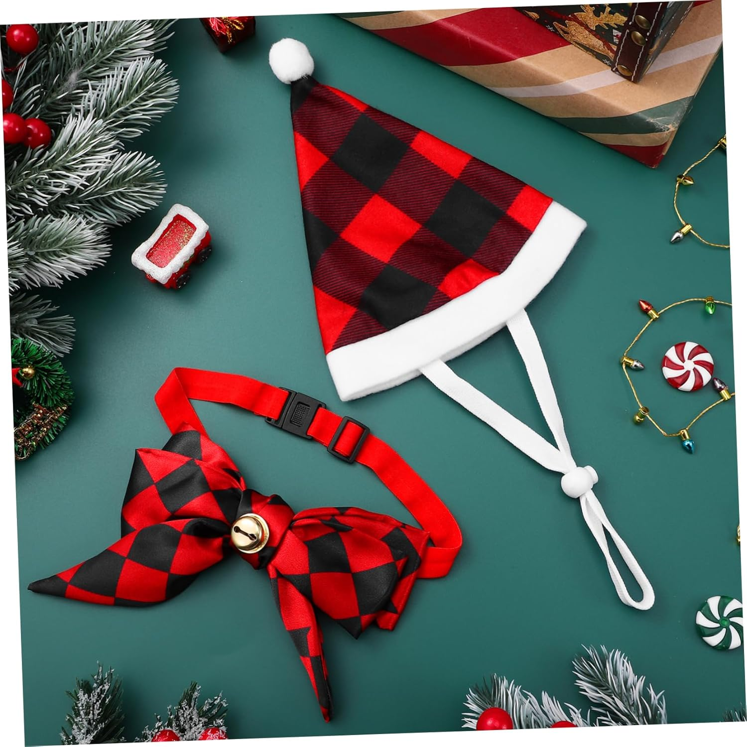 INOOMP Christmas Pet Outfit Set Dog Santa Hat Bow Tie Warm Winter Dog Clothes Cat Xmas Attire Mini Knit Hat for Pups image number 5