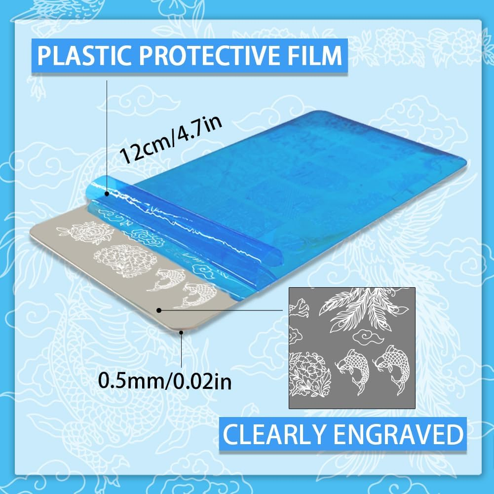 PH Pandahall Pack of 3 Chinese Porcelain Nail Stamp Plates Dragon Phoenix Pattern Nail Art Stencils Pottery Texture Nail Art Stencils Flower Nail Picture Plates for Women Nail Design 12 X 6 Cm image number 4