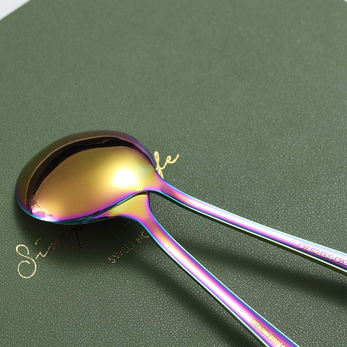 Kyraton Rainbow Soup Spoons, 6 Pieces Stainless Steel round Spoons with Rainbow Titanium Plating, Colorful Dinner Spoon Table Spoon, Spoons Silverware Dishwasher Safe Set of 6