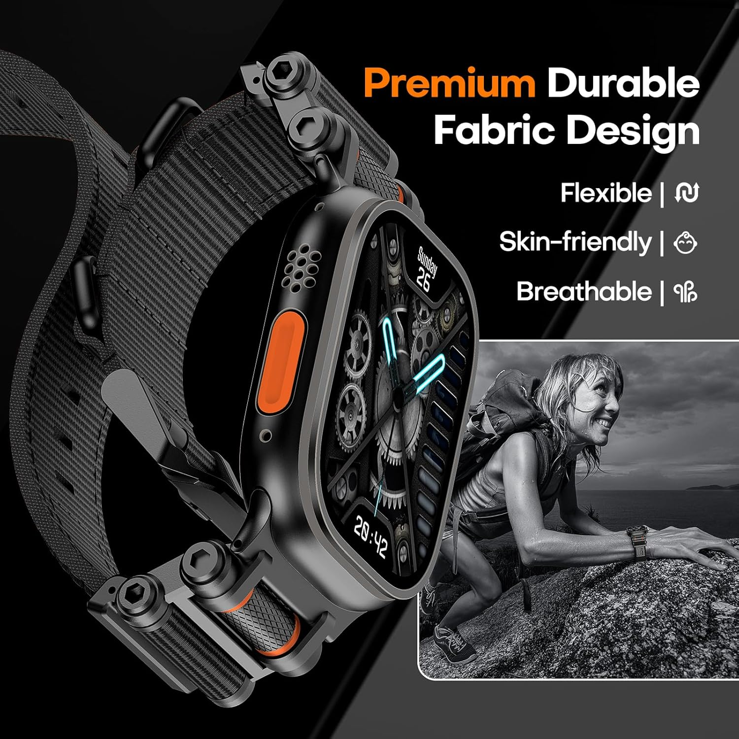 TAURI Band with Stainless Steel Metal Connector Designed for Apple Watch Ultra 3/2/1 49Mm, Iwatch Series 11/10/9/8/7/6/SE/5/4 46Mm/45Mm/44Mm, Innovative Roller Adjustable Nylon Strap - Armygreen image number 2