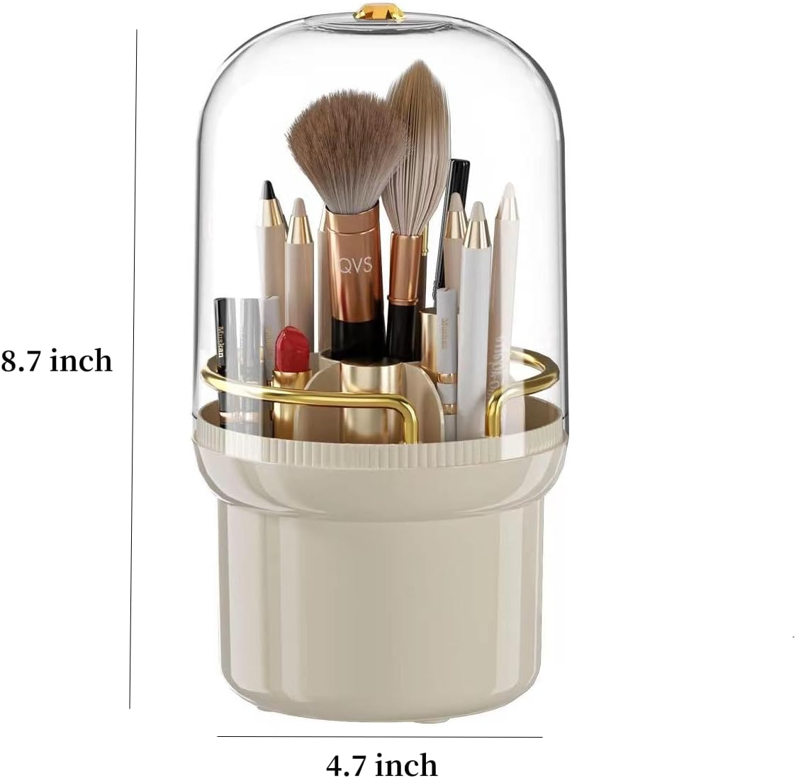Makeup Brush Holder, 360&deg; Rotating Makeup Brush Organizer with Lid, Dustproof Cosmetic Brushes Storage with 7 Slots for Vanity Desktop Bathroom Countertop, Cream image number 2