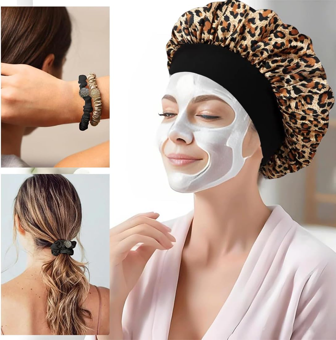 KIRZAX Pack of 3 Silk Caps for Sleeping, Breathable Sleep Cap, with 3 Hair Elastics, Satin Hair Cap for the Night, for Women and Girls (Black, Brown, Leopard) image number 4