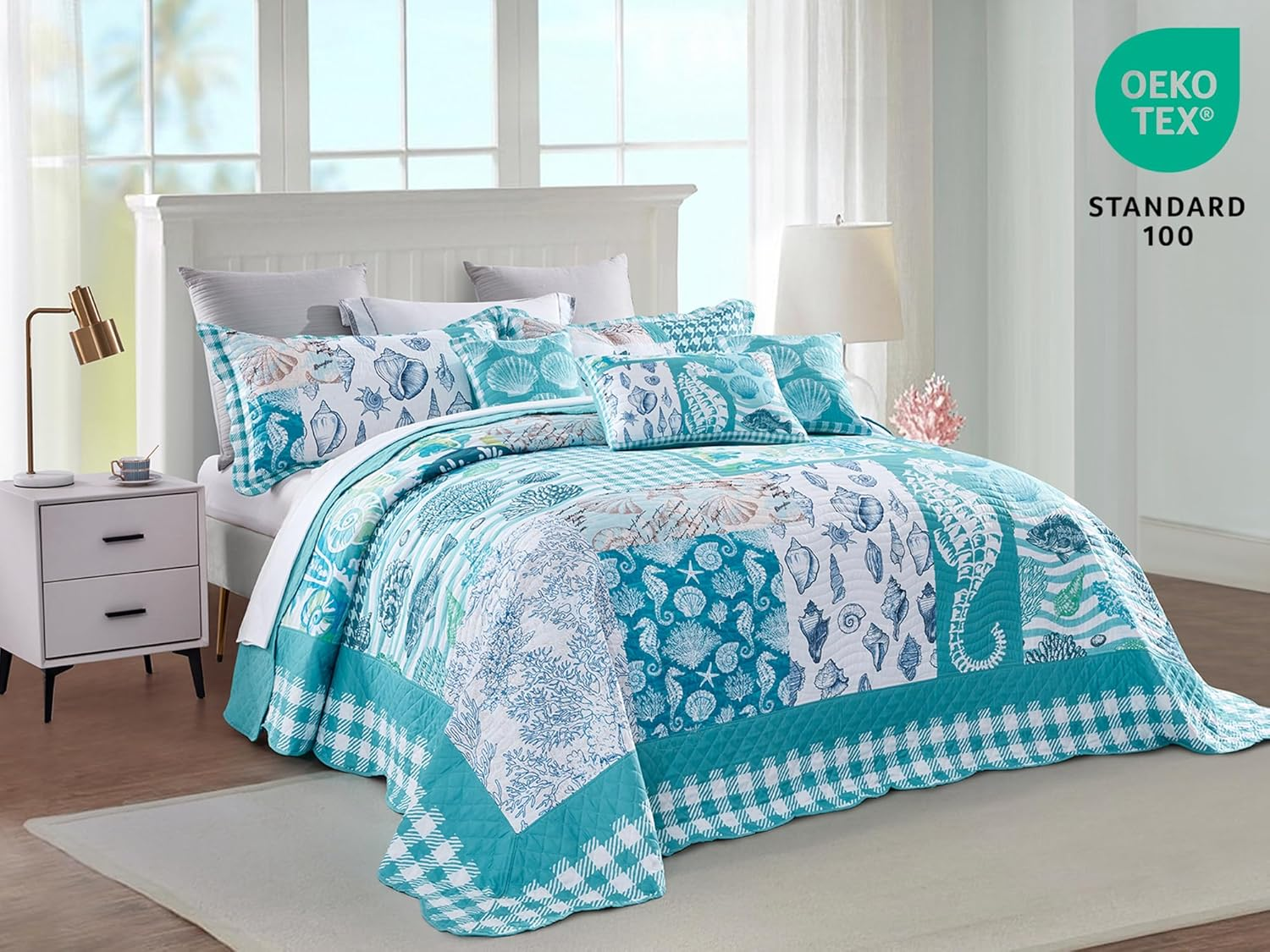 HZ & HY Coastal Oversized King Bedspread, Lightweight Beach Bedding Nautical Quilt, Real Stitching, Reversible, 6 Piece, 100% Microfiber, King/Cal King, Seahorse