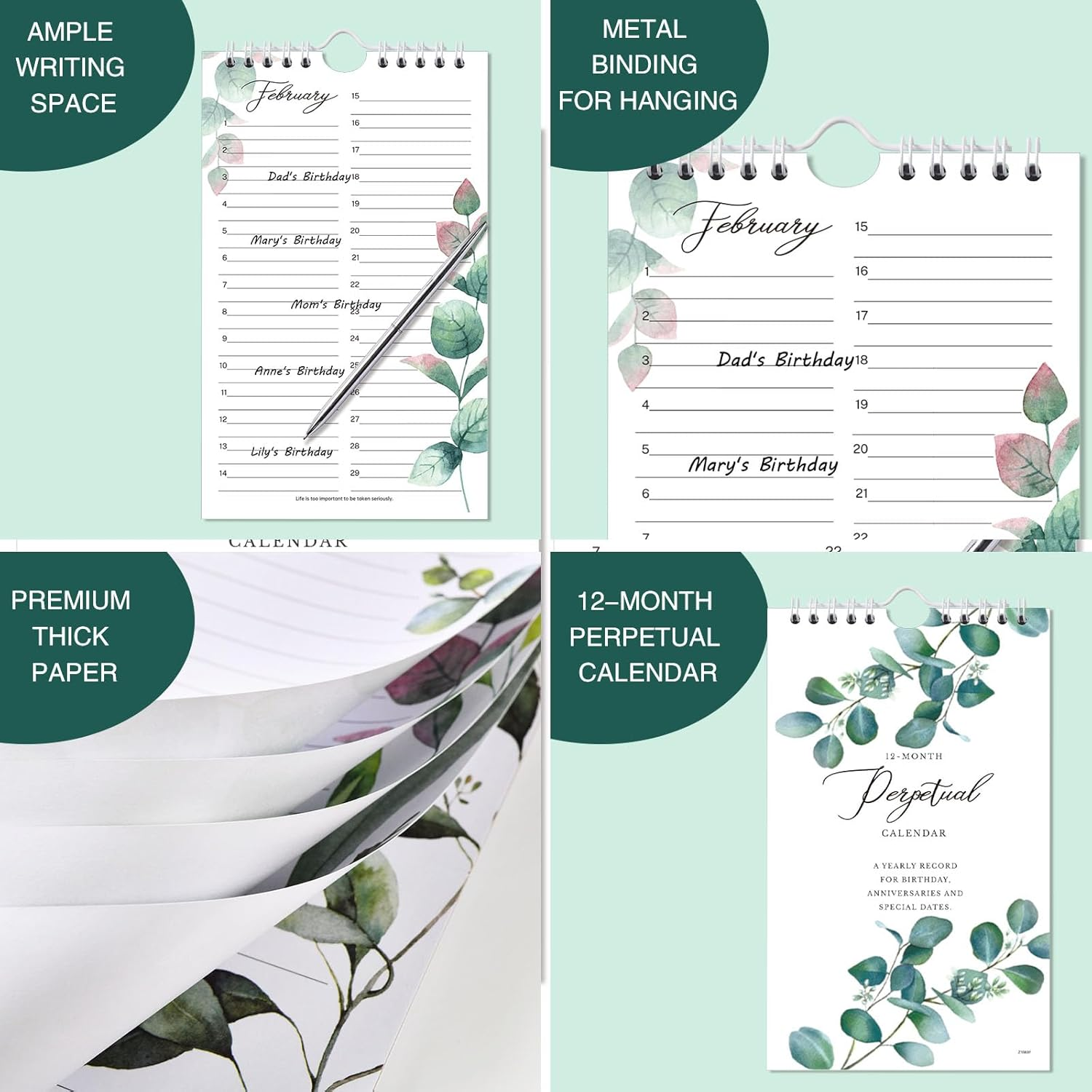 Perpetual Calendar - 12-Month Undated Calendar from Jan. to Dec., 6'' X10'' Perpetual Calendar with 2 Lines per Days, Reminding Anniversaries, Birthdays, Festivals, Birthday Reminder Book with Thick - Green Leaves image number 6