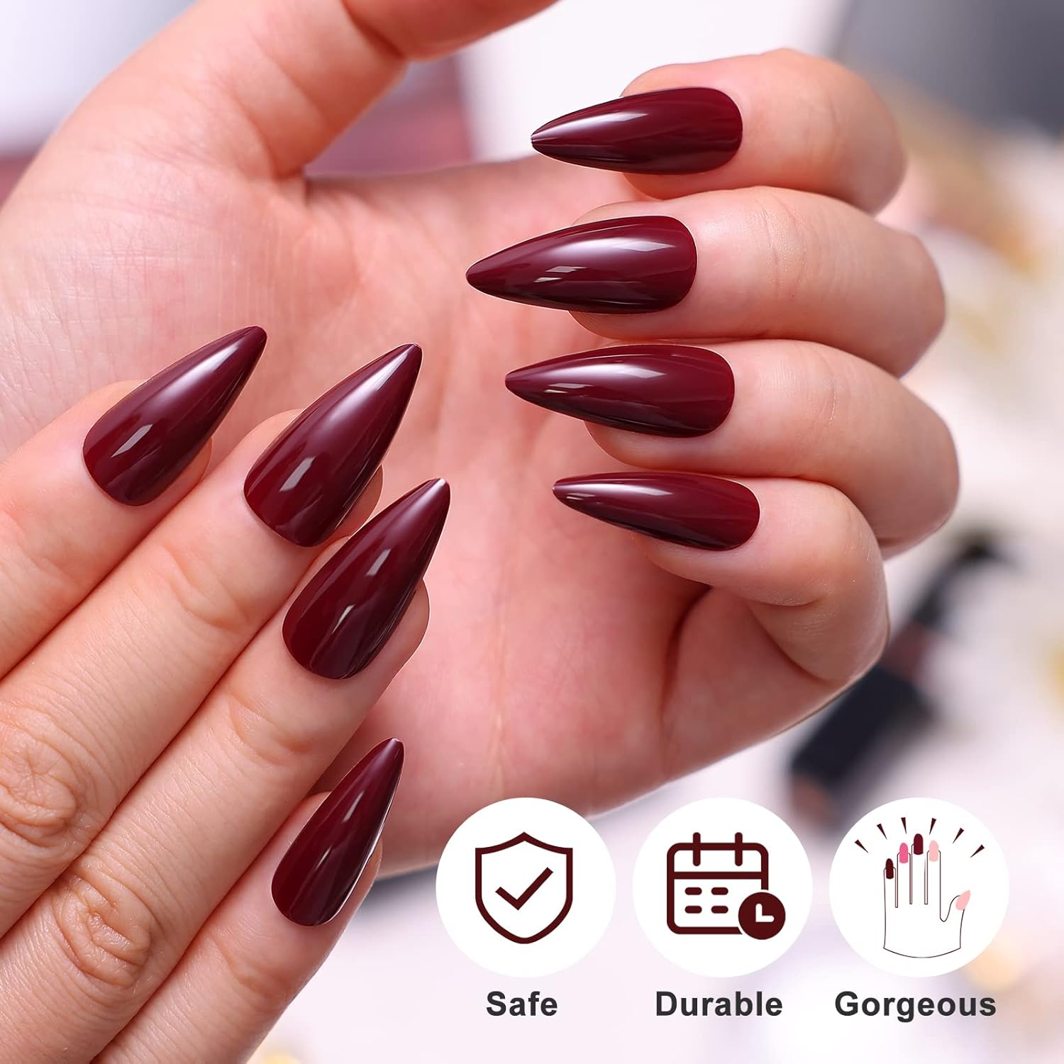 Morily 24Pcs Wine Red Press on Nails Medium Length Stiletto False Nails Long Fake Nails Glossy Acrylic Stick on Nails Solid Color Almond Full Cover Artificial Nails for Women (Wine Red) - Black,Silver image number 6
