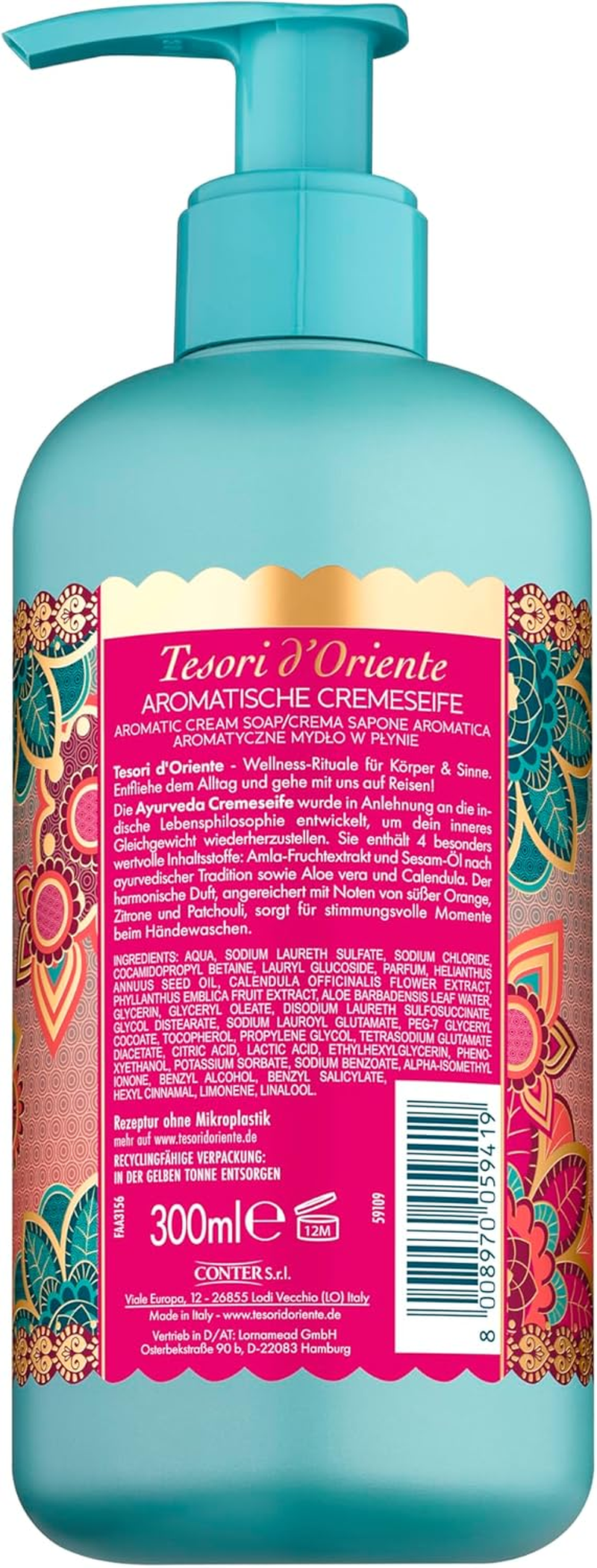 Tesori D'Oriente Ayurveda Liquid Soap 300 Ml, Aromatic Hand Soap with Amla Fruit Extract, Sesame Oil, Aloe Vera and Calendula, for Gentle Cleansing, Wellness Ritual for Body and Senses image number 5