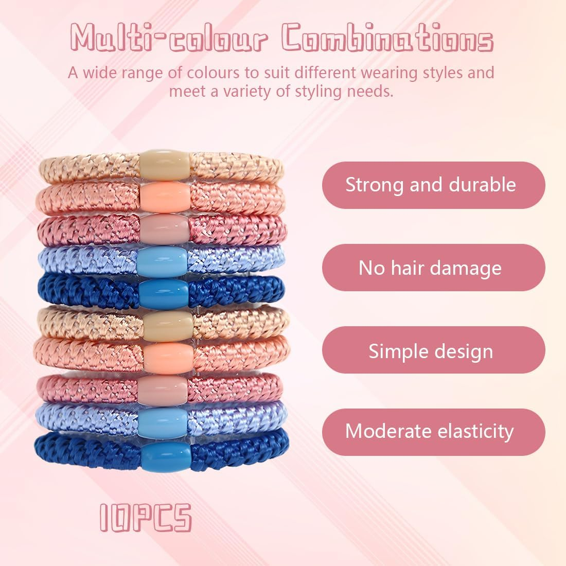 KIRZAX Pack of 10 Elastic Hair Bobbles, Hair Bobbles for Women, Multicoloured Elastic Bands, No Metal Braided No Pull or Damage Ponytail Holder, for Thick Hair and Curly Hair image number 1