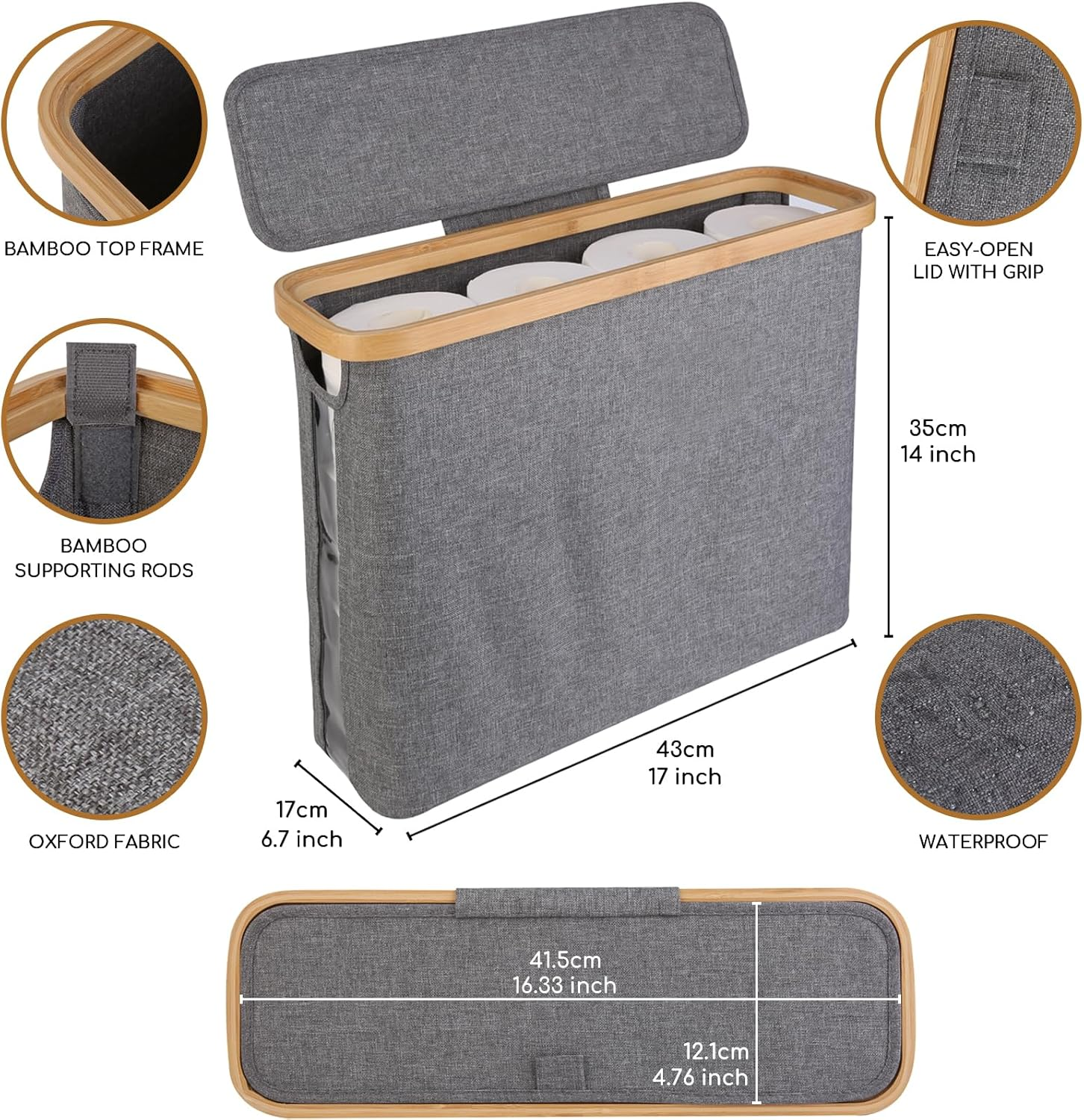 Toilet Paper Storage with Lid, Slim Toilet Paper Basket Holder Bin Container, Bamboo Bathroom Accessories Organizer Holder Stand, Hold up to 12 Regular Rolls or 9 Mega Rolls (Gray)