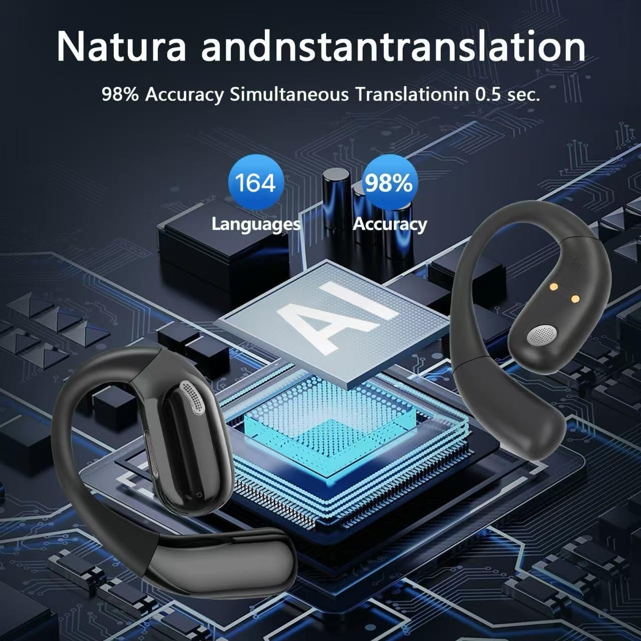 AI Translation Earbuds Real Time, 3-In-1 Translator Earbuds 164 Foreign Languages & Accents, Audifonos Traductores Ingl&eacute;s Espa&ntilde;ol,Open Ear Wireless Headphones with Charging Case Fit Ios & Android - Classic Black image number 2