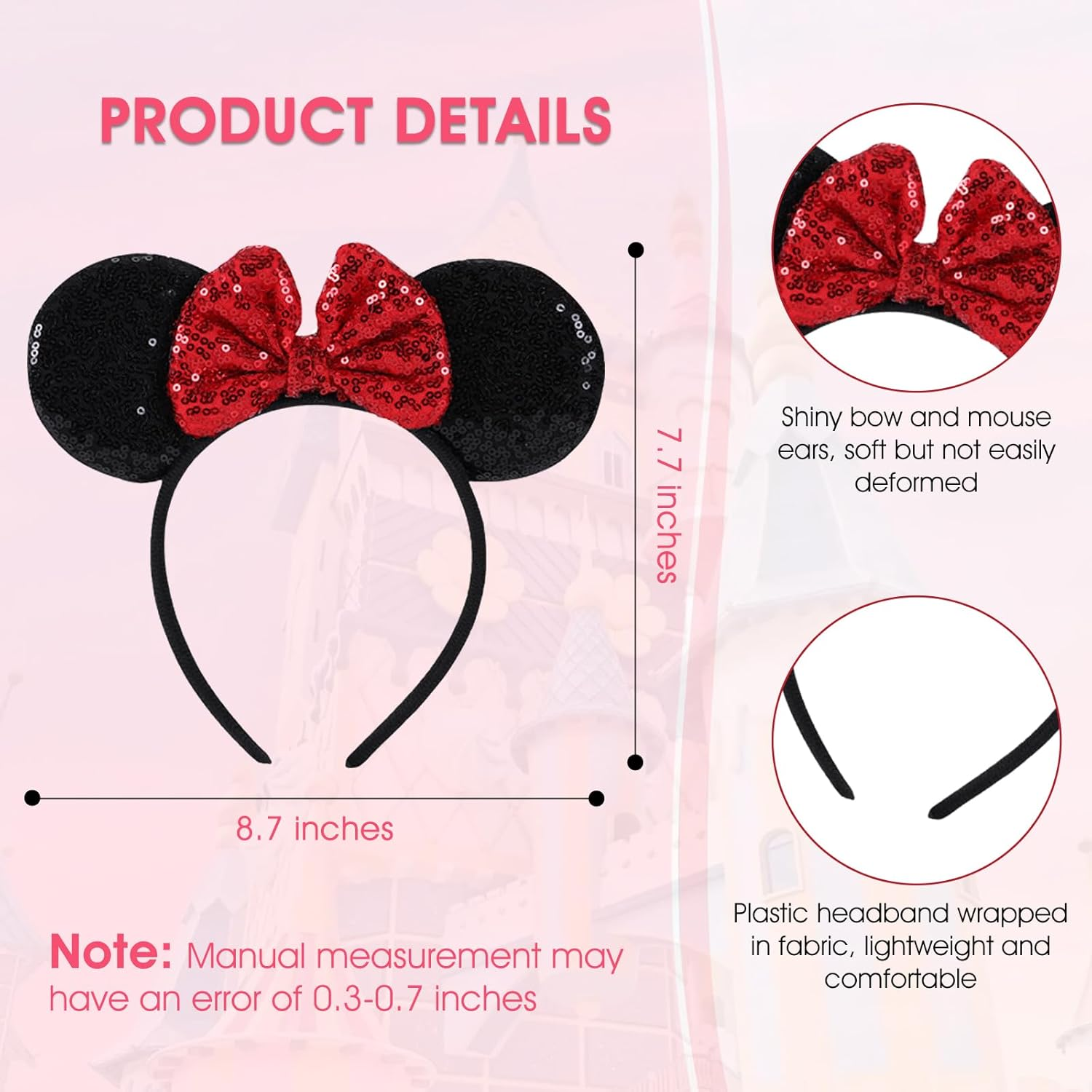 Socathey 2PCS Mouse Ears Headband for Women & Girls, Shiny Sequin Bow Mouse Headbands for Birthday Party & Theme Paradise (Red & Dot Red) - Red-02 image number 4