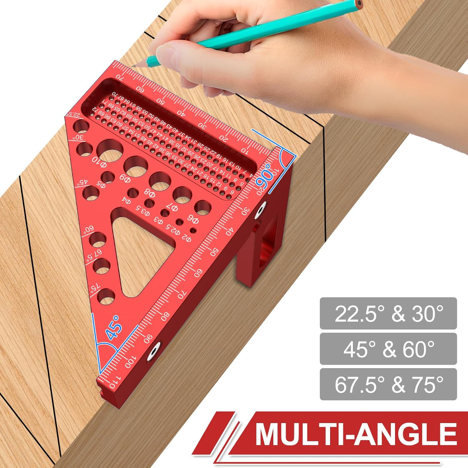 Metric 3D Multi-Angle Measuring Ruler, 22.5&deg;-90&deg; Degree Aluminum Alloy Woodworking Square Protractor, Miter Triangle Ruler High Precision Layout Measuring Tool for Engineer Carpenter (Red) image number 2