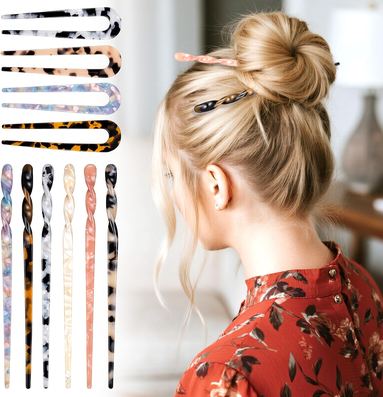 Acetate Hair Stick and U Shaped Hairpin, 6 Pieces Hair Sticks, 4 Pieces French Hair Pin Retro Hair Pins, Acrylic French Hair Pin, Vintage Hair Pins for Women Girls