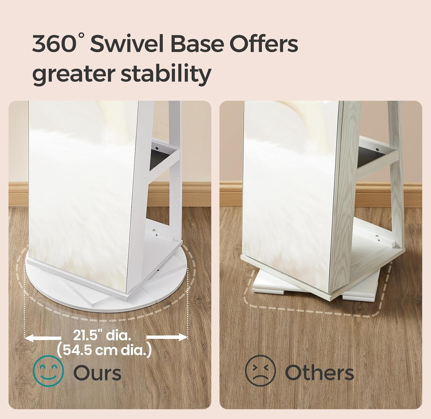 SONGMICS 6 Leds Lockable Mirror Jewelry Cabinet, 360&deg; Swivel Jewelry Organizer, Standing Jewelry Armoire, Frameless Full-Length Mirror, 3 Storage Shelves,White Surface, image number 3