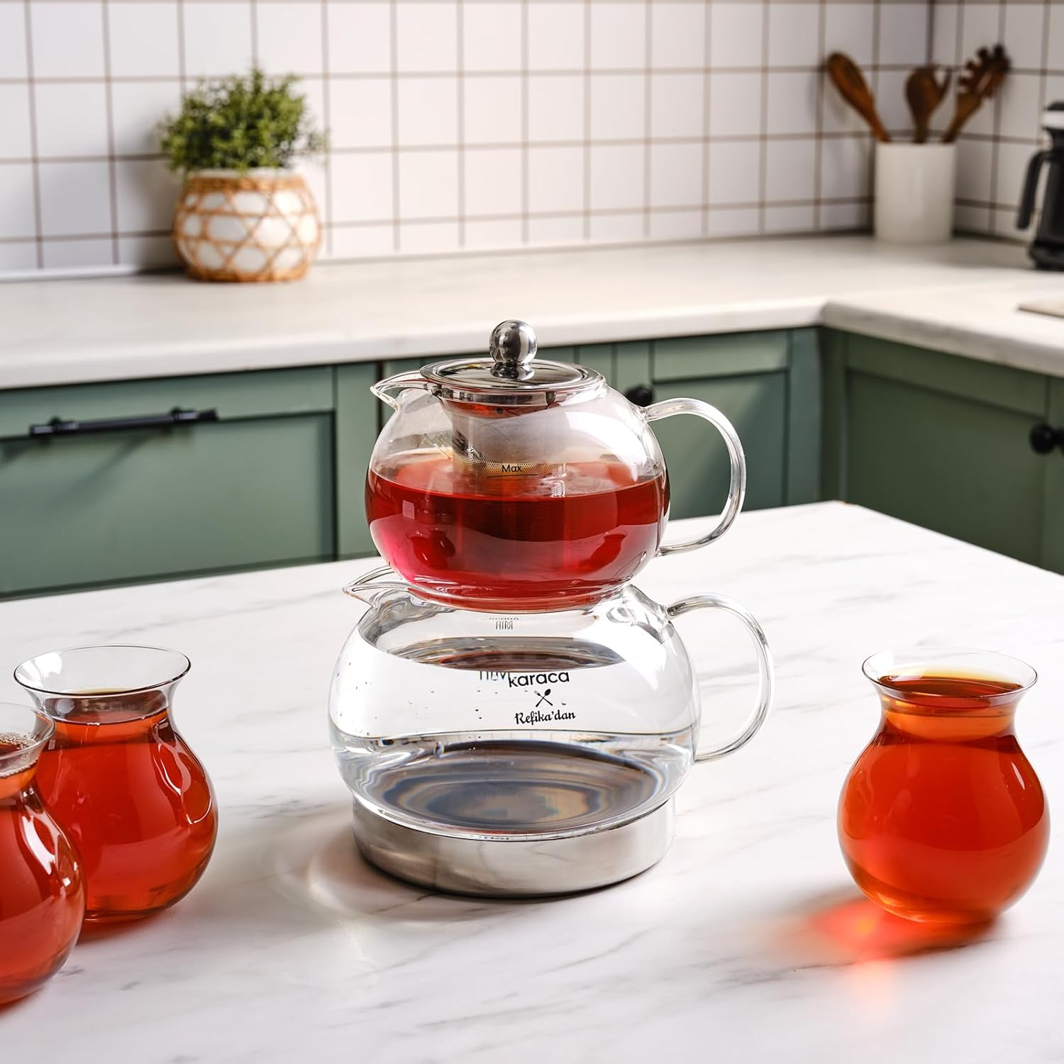 Karaca Retro Enamel Teapot Set, Red, Suitable for Induction, Tea Maker, Kettle, Tea Infusion 1.1 L, Water Jug 2.3 L, Turkish Tea Kettle, Tea Maker, Caydanlik