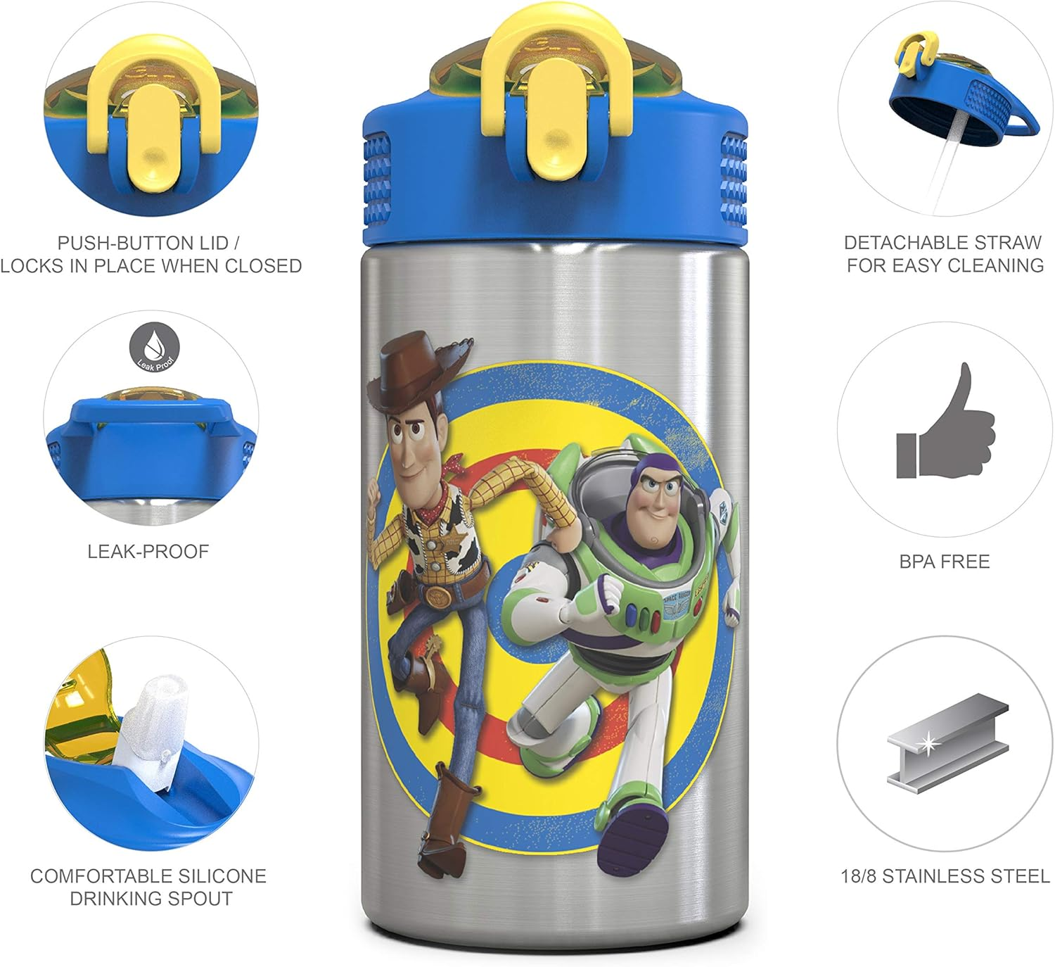 Zak Designs Toy Story 4 - Stainless Steel Water Bottle with One Hand Operation Action Lid and Built-In Carrying Loop, Water Bottle with Straw Is Perfect for Kids (Buzz & Woody, 15.5 Oz,18/8,Bpa Free) image number 2