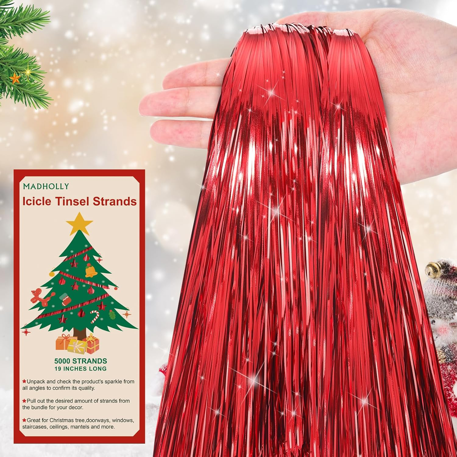 Icicles Tinsel - 5000 Strands 19" Icicle Tinsel Strands for Christmas Tree- Shiny Foil Fringes Tinsel Christmas Tree Decorations for Xmas Tree Holiday Decor Birthday Wedding Party Supplies, Iridescent