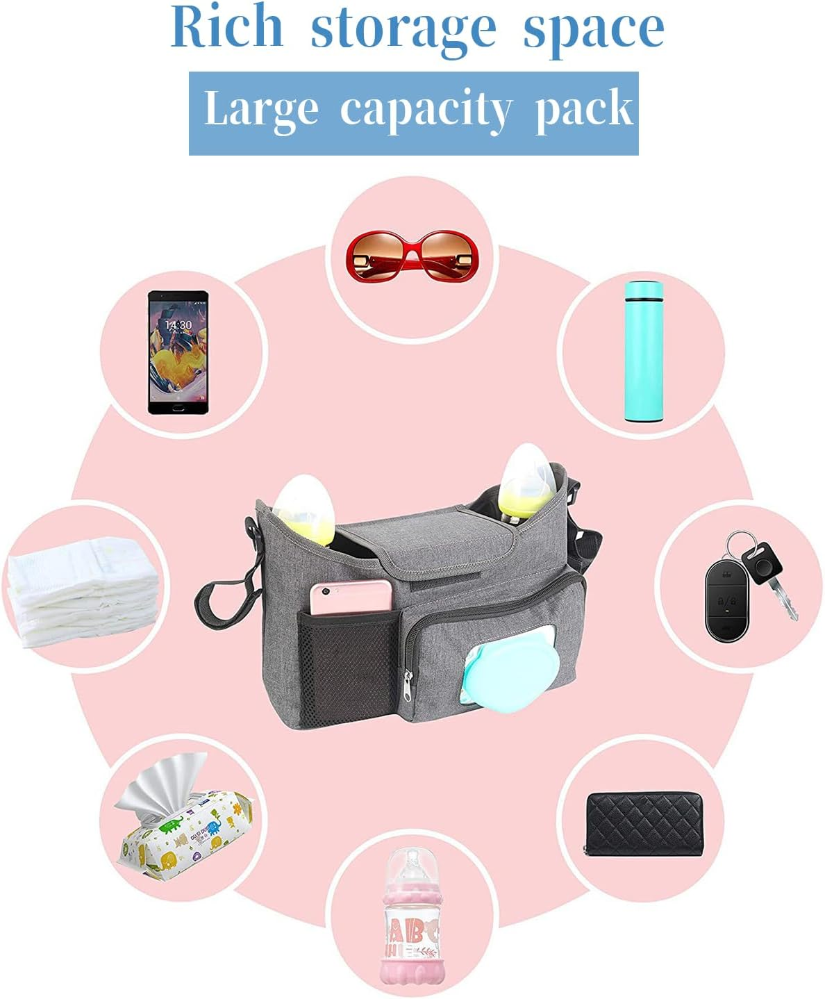 Baby Stroller Organizer with Cup Holders, Universal Stroller Accessories Caddy Storage Bag with Detachable Bag & Shoulder Straps for Carrying Diaper, Phone, Keys, Toys & Snacks (Balck)