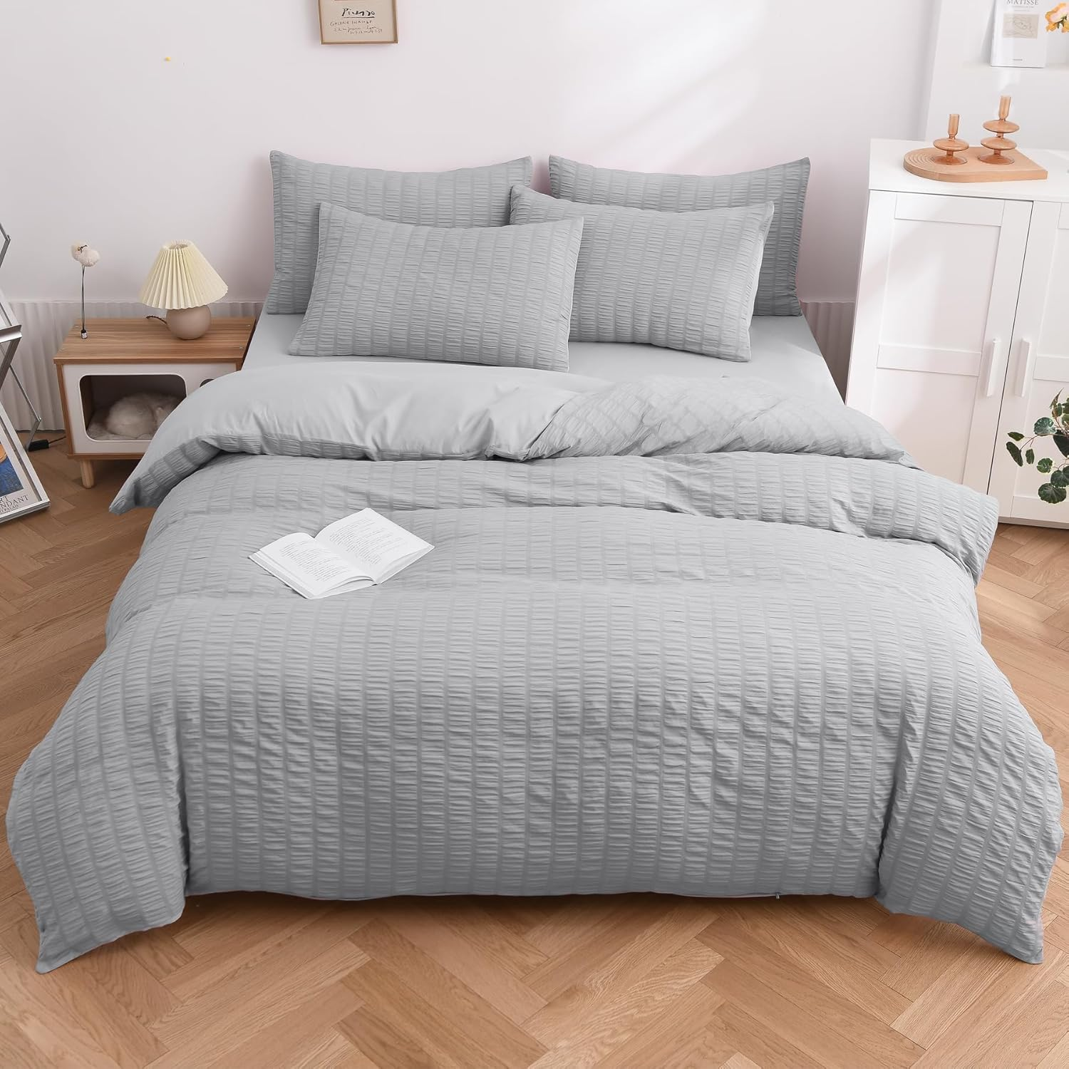 HOSUR Duvet Cover, 4-Piece Set, Double Seersucker Fabric, Soft to the Touch, Bedding Cover Set, Peach Skin Treatment, Duvet Cover, Fitted Sheet, Pillowcases, Quick Drying, Machine Washable, 6 Ties To image number 3