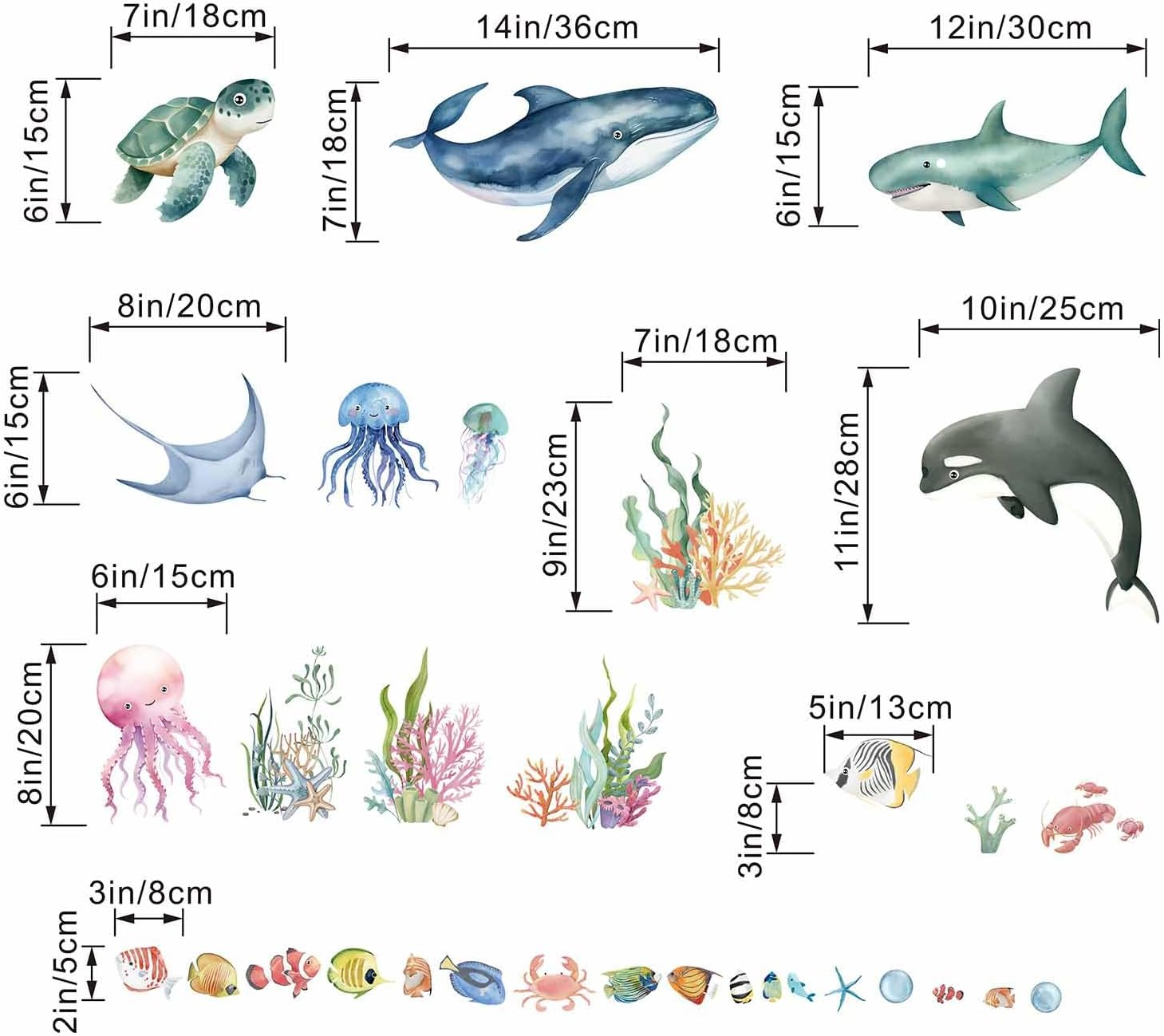 Under the Sea Wall Decals - Marine Theme Shark Whale Fish Sea Turtle Ocean Wall Stickers - Bathroom Baby Nursery Kids Bedroom Daycare Wall Decor image number 2