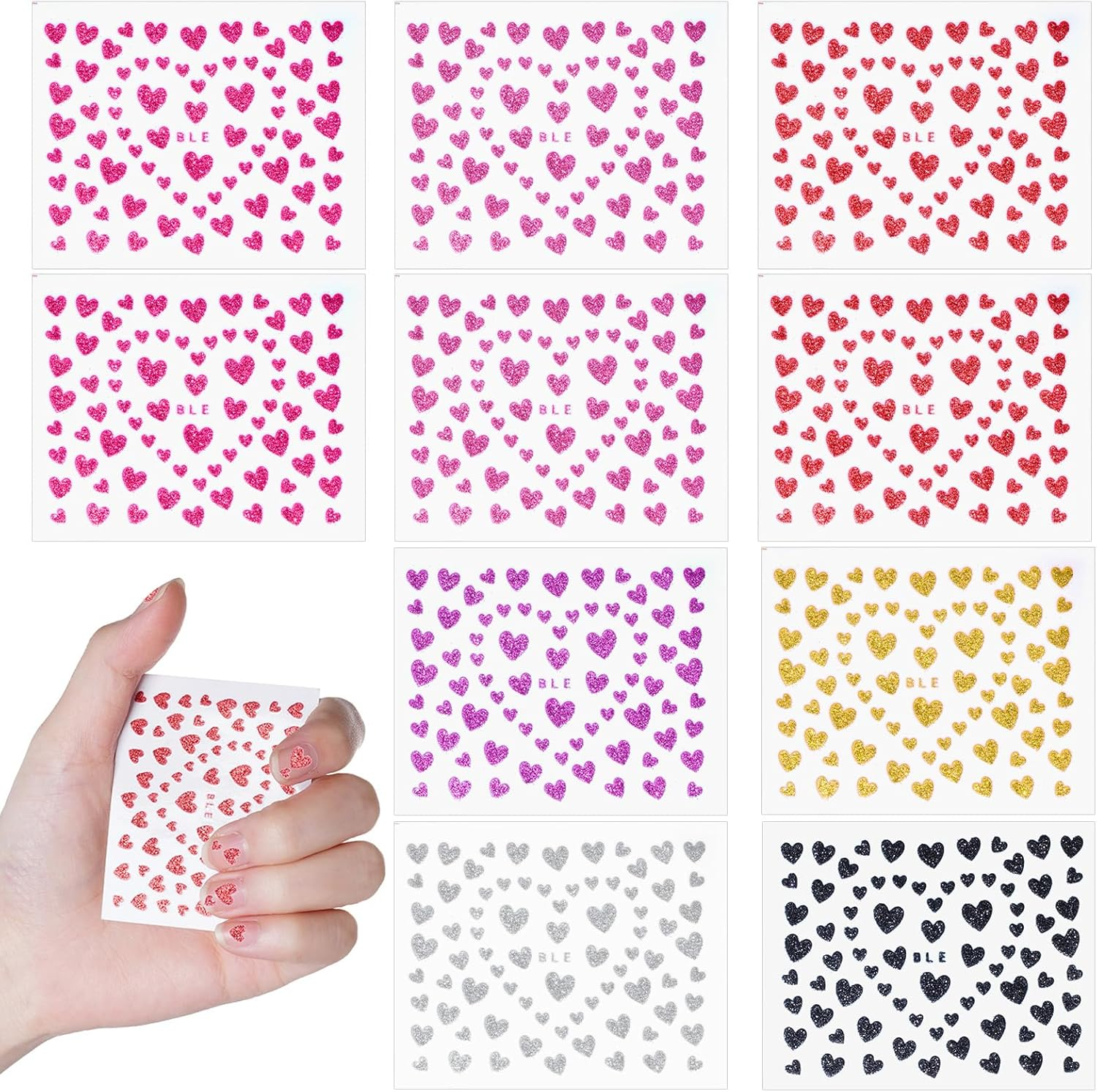 10 Pack Heart Stickers Set Glitter Heart Stickers for Women Girls Kids for Nail Art, Scrapbooking Crafts, 7Colors image number 5