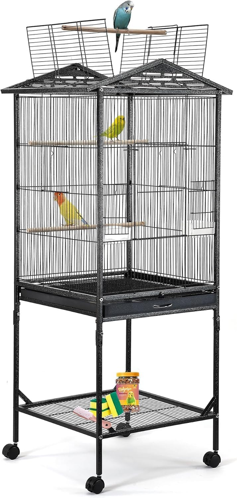 WAMBORY Wrought Iron Bird Cage with Open Top and Rolling Stand, Medium Small Standing Parrot Cage Withswing Wheels, Birdcage with Removable Tray & Feeding Bowls for Parrots Conure Cockatiel Lovebird image number 2