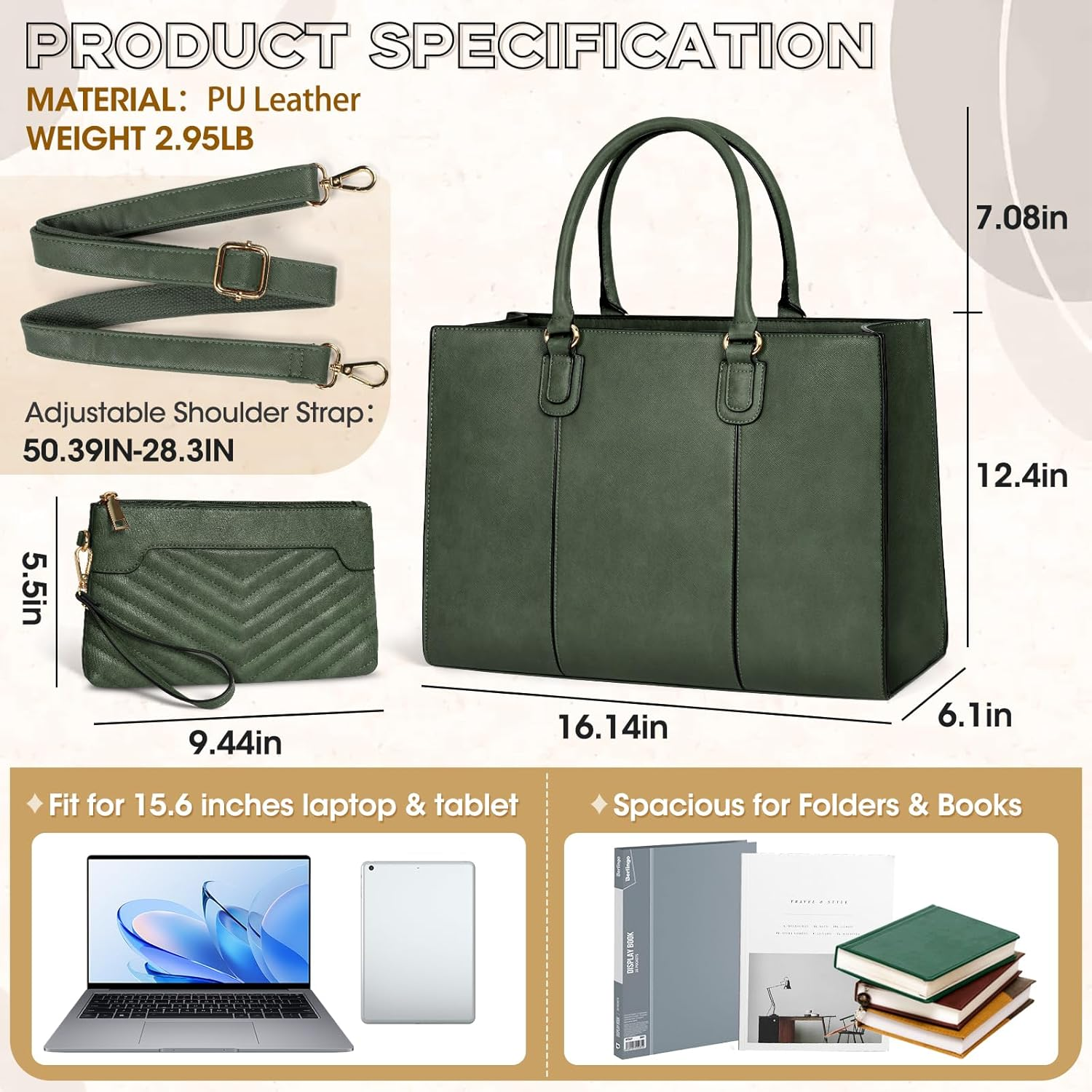 NEWHEY Laptop Bag for Women 15.6 Inch Work Tote Leather Computer Bag with Clutch Purse Professional Office Briefcase Waterproof Handbag Shoulder for Business Travel College image number 3