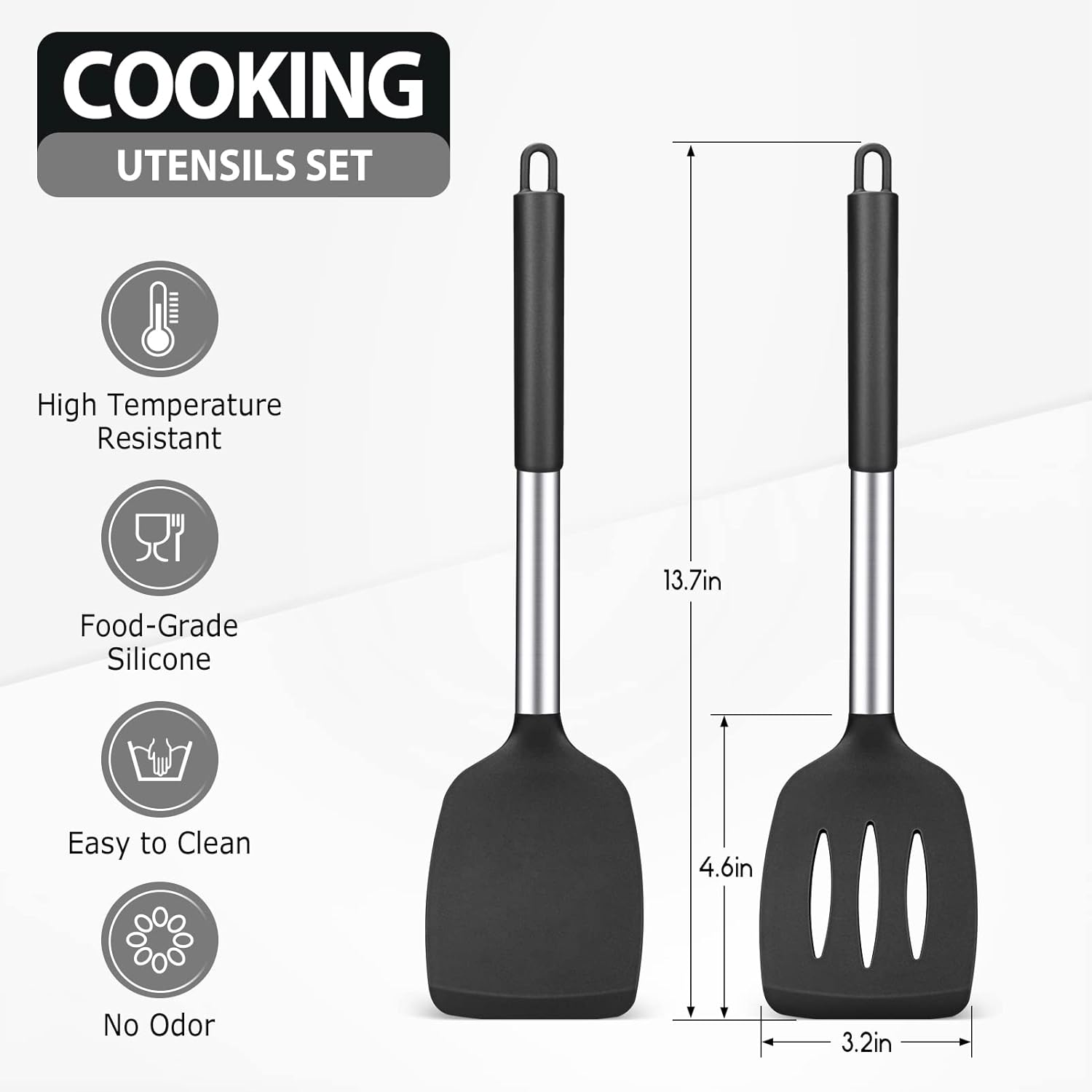 2 Pack Silicone Spatulas Turners, Stainless Steel Cooking Utensils BPA Free,Heat Resistant,Non Stick,Rubber Spatulas for Fish, Eggs, Pancakes, WOK, Black - Gray image number 6