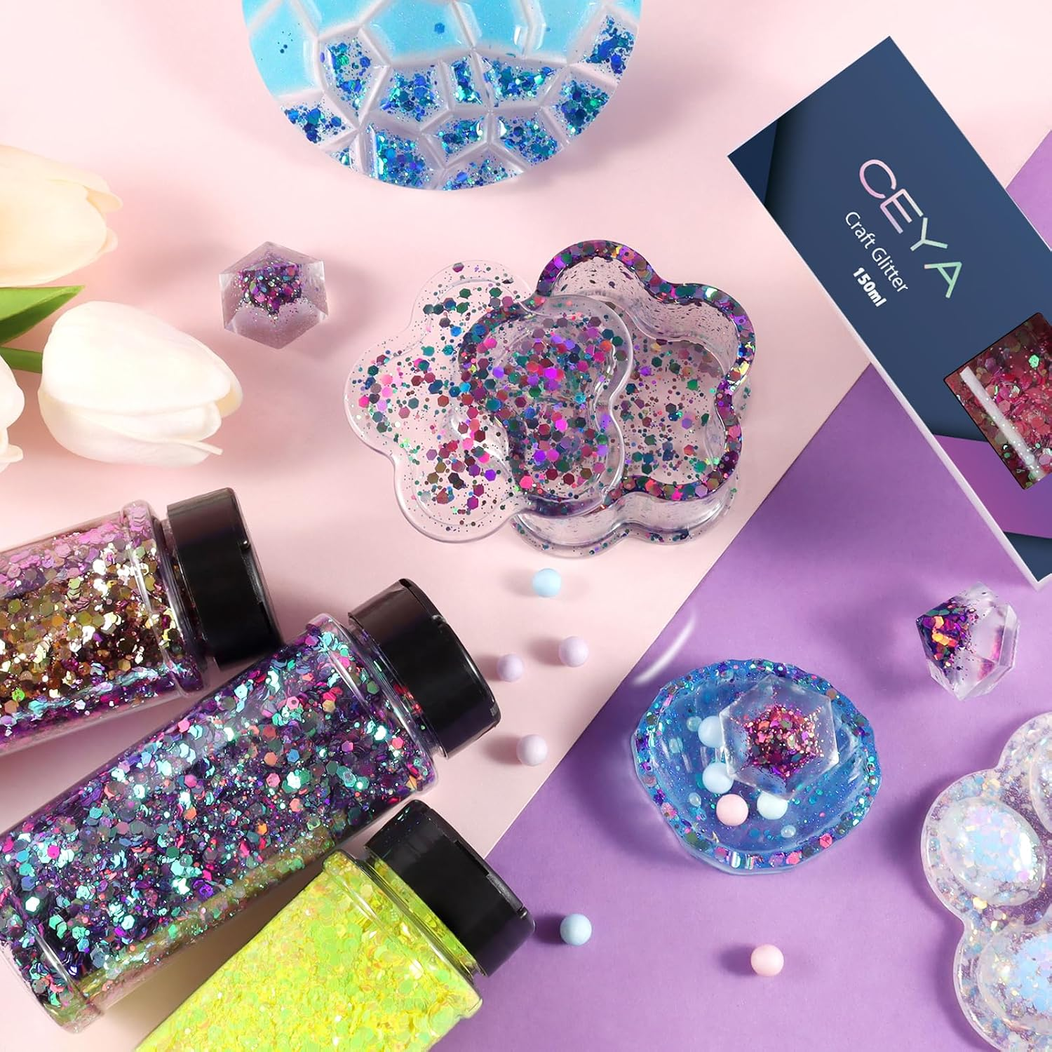 Ceya Chameleon Chunky Glitter, 3.5Oz/100G Mermaid Color Shift Craft Glitter Powder Color Changing Iridescent Flake Sequin for Epoxy Resin, Nail, Tumbler, Slime, Phone Case, Party Decor, Jewelry Making - Colorful Party image number 5